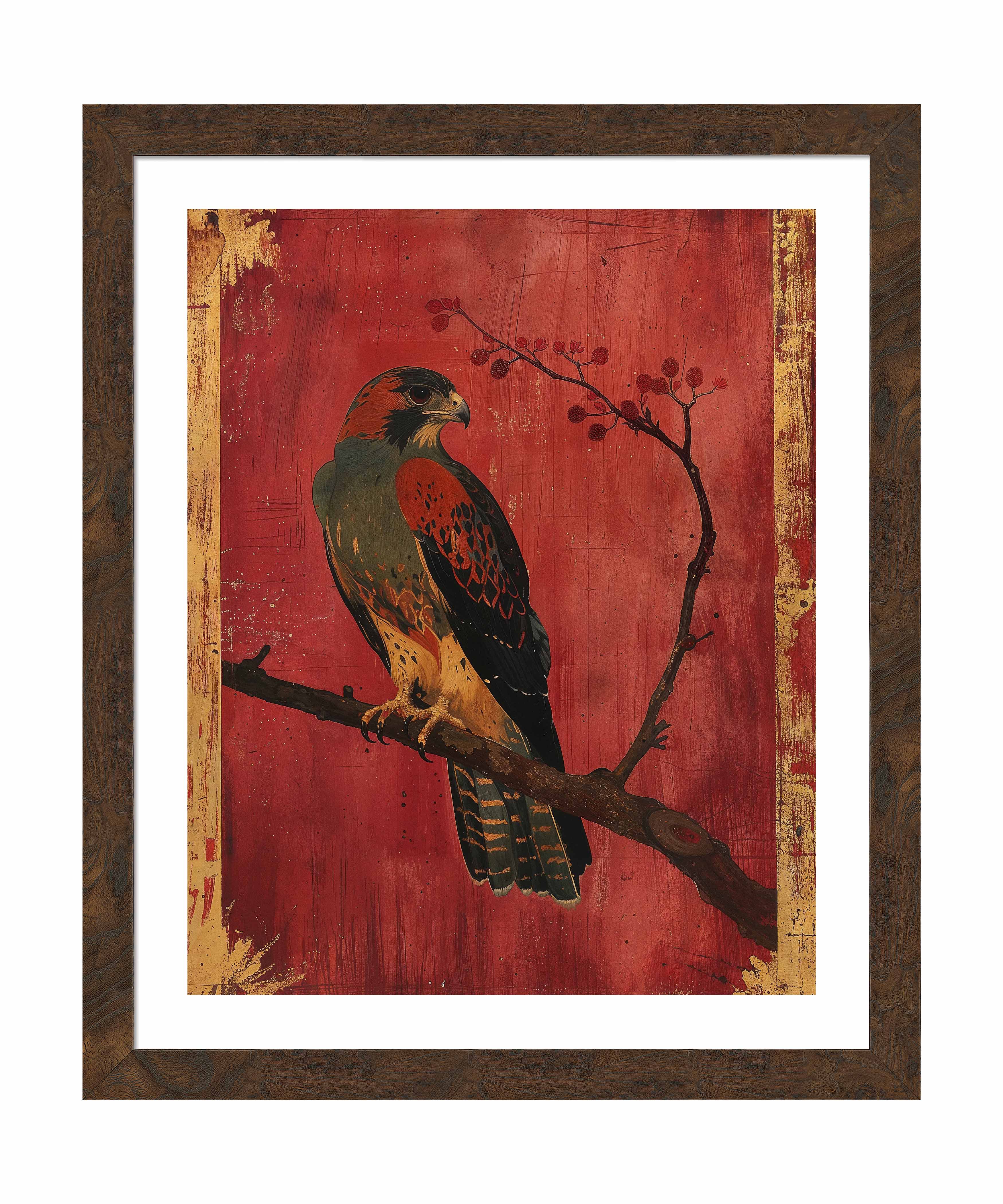 Crimson Majesty Falcon of the Silk Road Art Prints - Elegant Wall Decor for Living Room, Bedroom & Office | Historical Silk Road Inspired Artwork