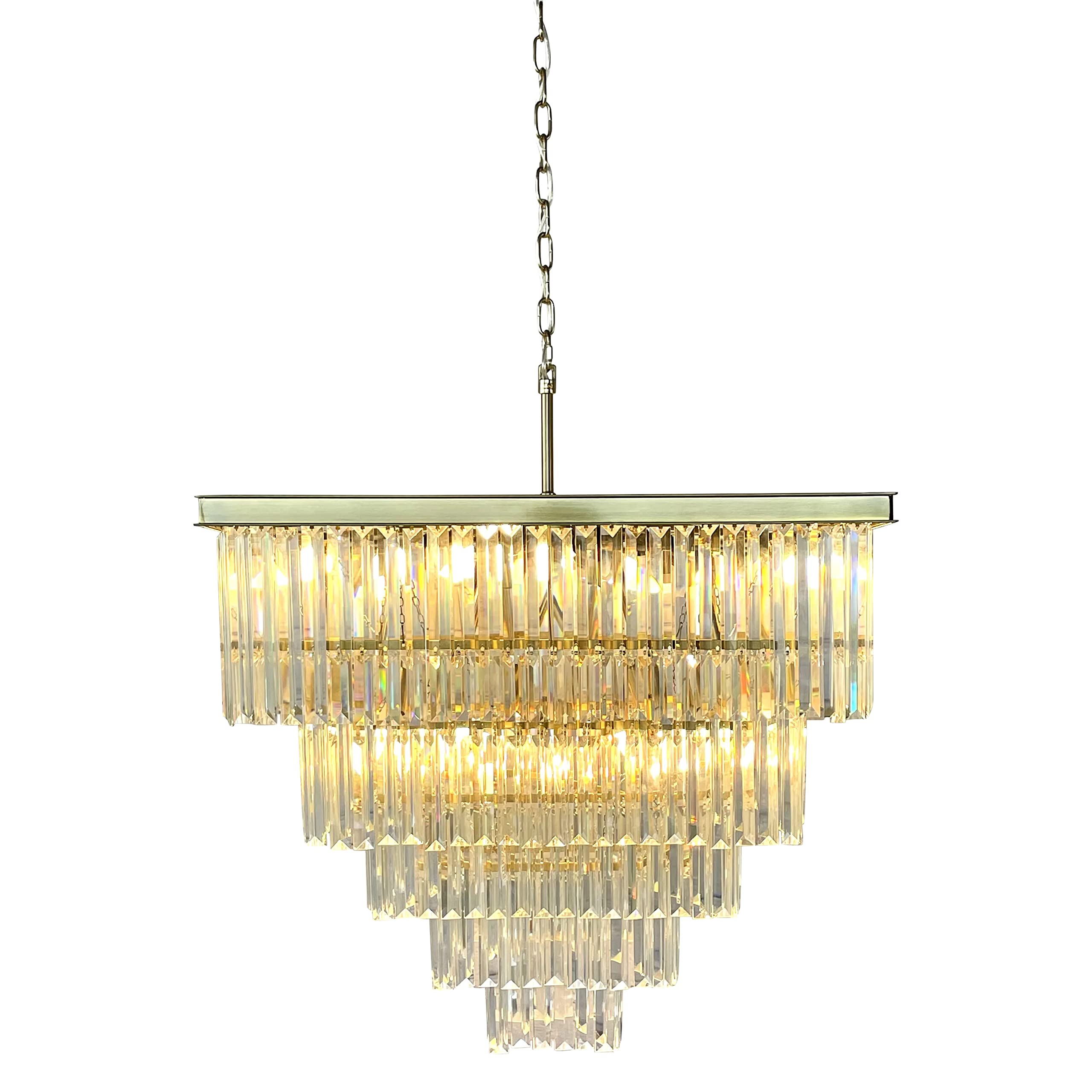 D’Angelo 16-Light Square Glass Crystal Prism Chandelier in Brass - Elegant Dining Room & Entryway Lighting Fixture for Modern Homes