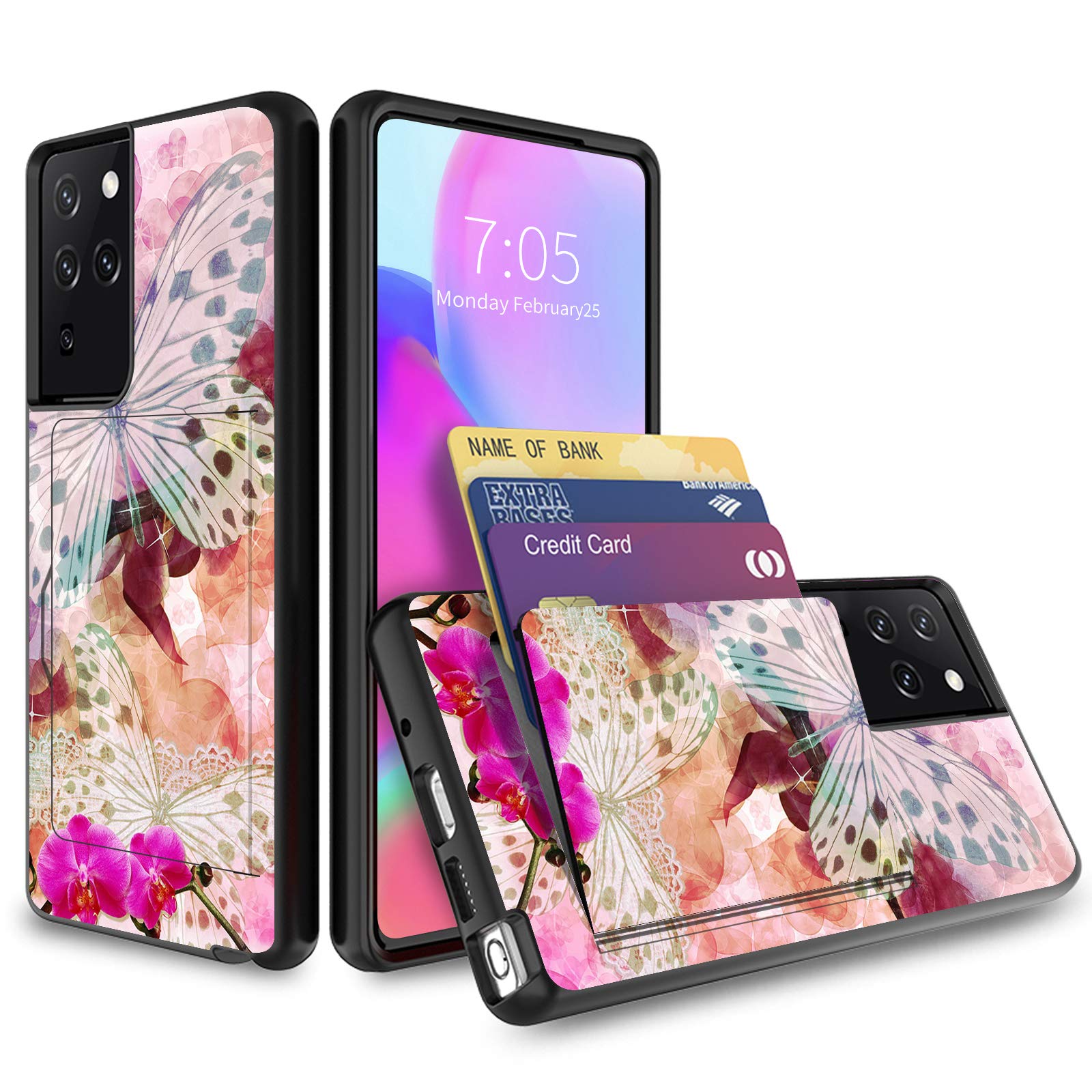 Samsung Galaxy S21 Ultra 5G Case with Card Holder - Heavy Duty Hybrid Defender Wallet Phone Case for Galaxy S21 Ultra/S30 Ultra 6.8 Inch - Butterfly Flower Pink Love Design - Perfect for Everyday Protection & Convenient Card Storage
