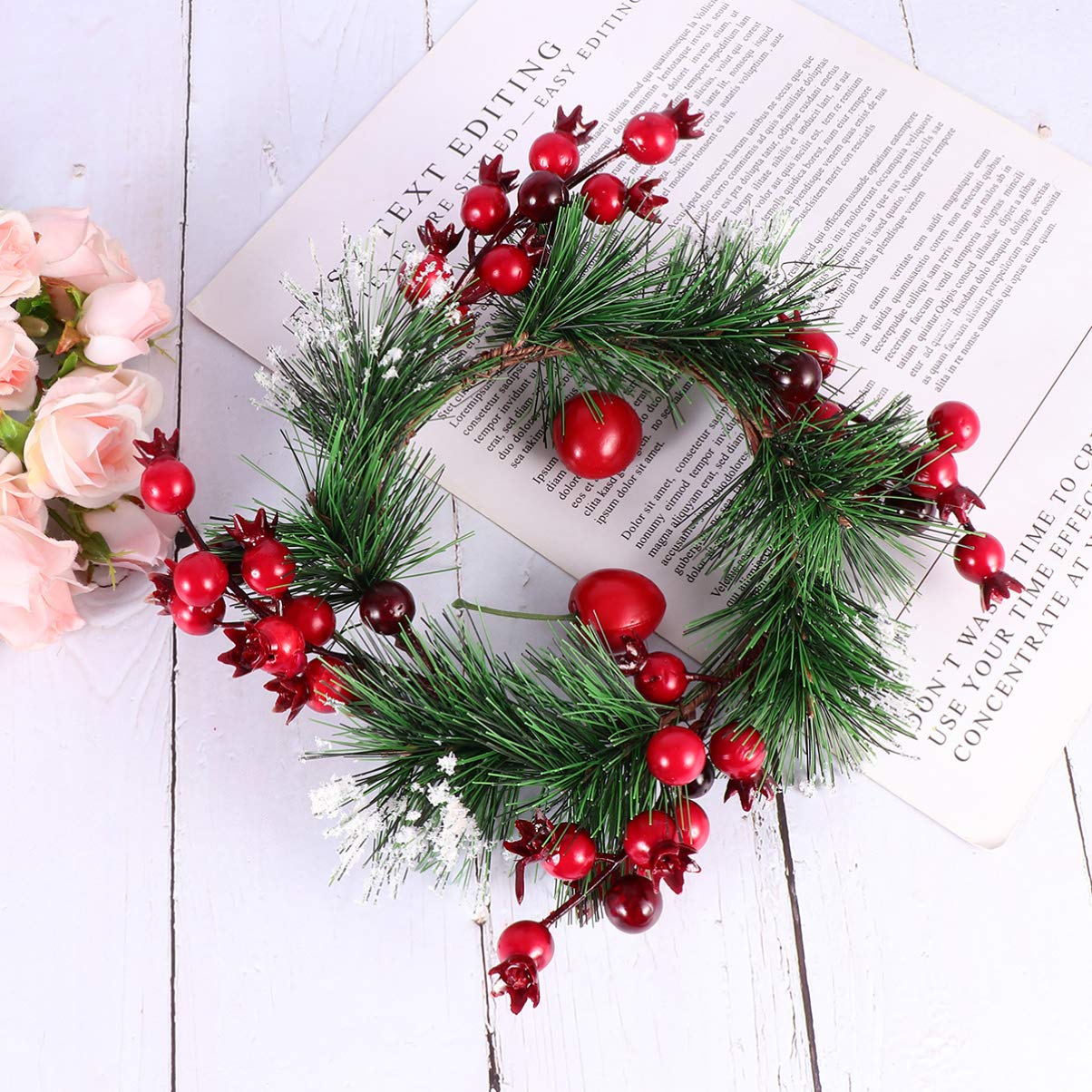 Artibetter 3-Piece Christmas Candle Rings Set - Holiday Tealight Candle Holders with Artificial Berry Garland, Evergreen Holly & Wooden Pomegranate Decor for Table Centerpiece, Fireplace Mantel, and Festive Home Décor