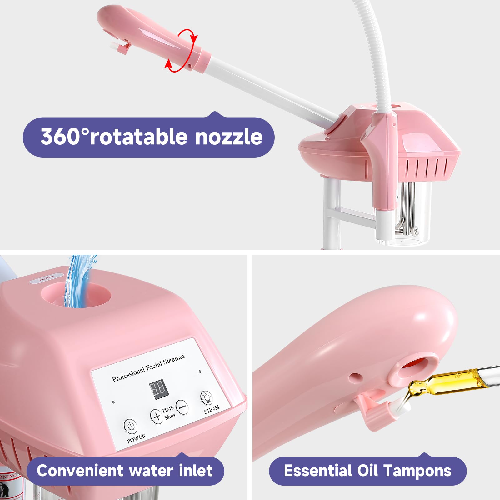 Professional 2-in-1 Ozone Facial Steamer with 5X Magnifying Lamp & Wheels - Adjustable Time Setting for Estheticians & Home Spa - Pink Beauty Salon Equipment for Deep Cleansing & Skin Hydration (Perfect for Facial Treatments, Acne Care & Relaxation Therapy)