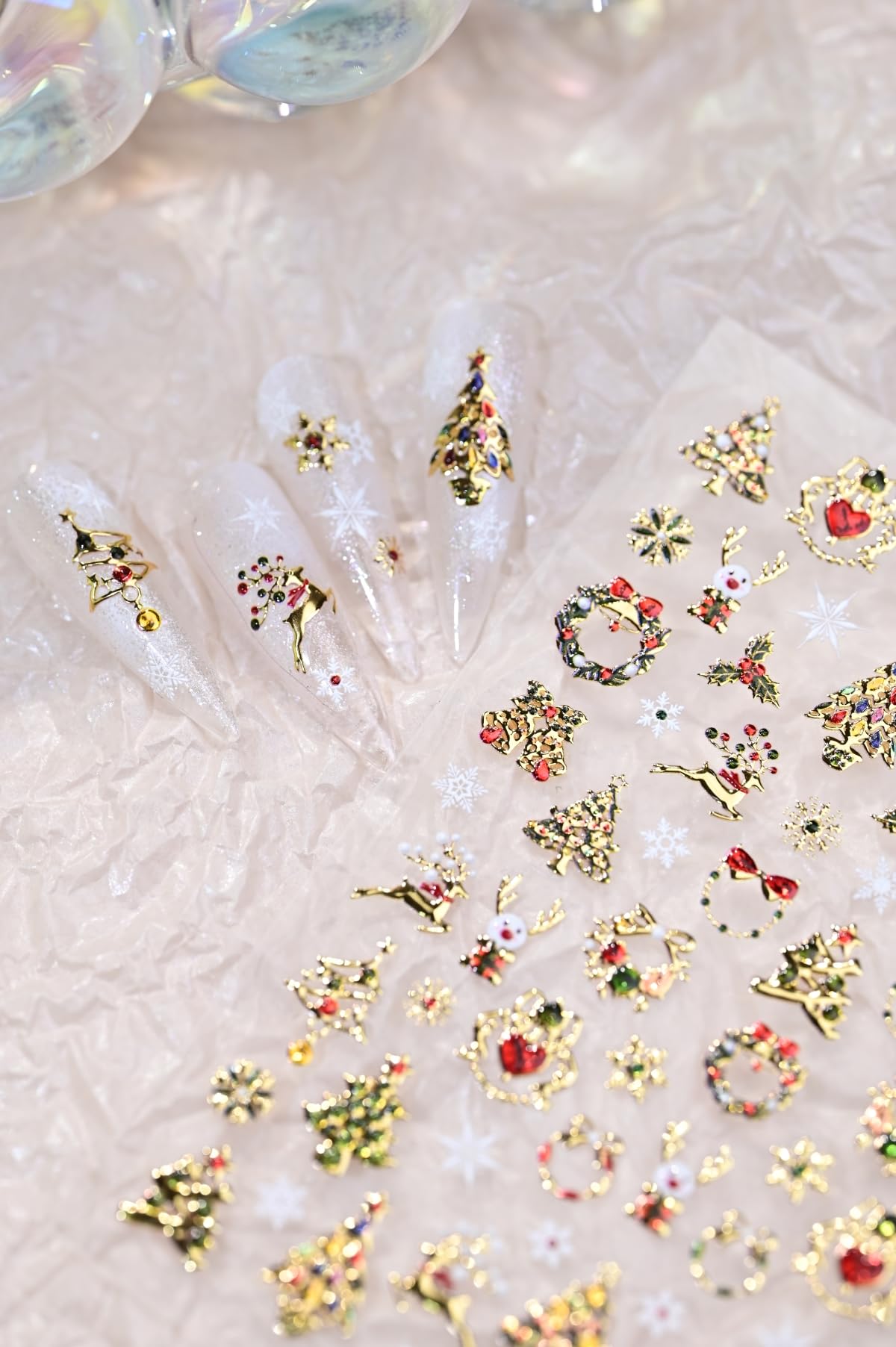 5D Embossed Shiny Gold Christmas Tree Nail Art Stickers - Elk Wreath Snowflake Nail Decals for Women & Girls - Winter Holiday Manicure DIY Supplies (Perfect for Christmas Parties, Gift Giving & Festive Nail Designs)