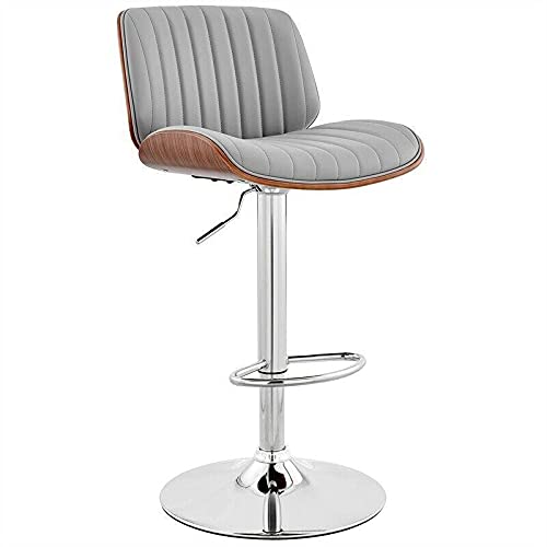 Brock Adjustable Bar Stool - Gray Genuine Leather Seat with Walnut Wood Base & Chrome Finish - Perfect for Home Bars, Kitchen Islands & Man Caves - Great Gift for Men, Women & Dad