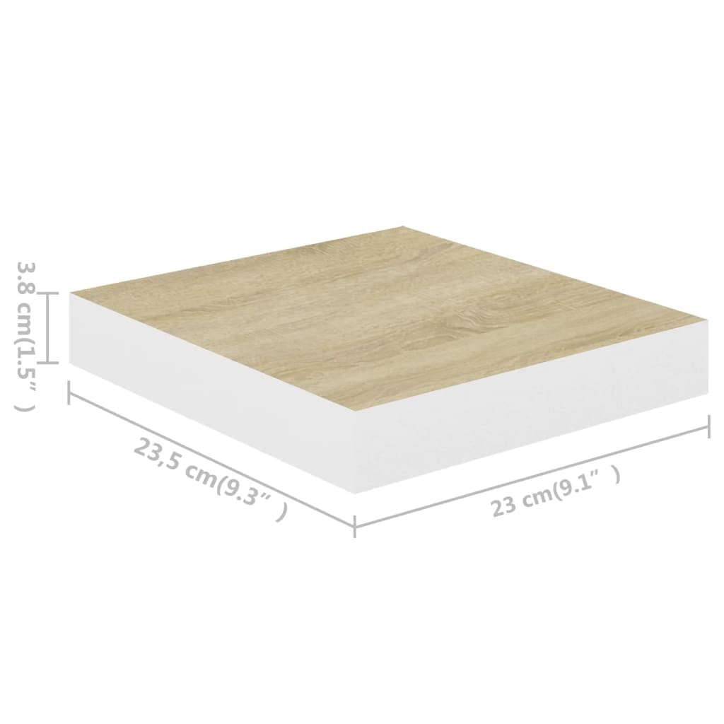 Floating Wall Shelf Set of 2 - Oak & White MDF Wall Mounted Shelves 9.1