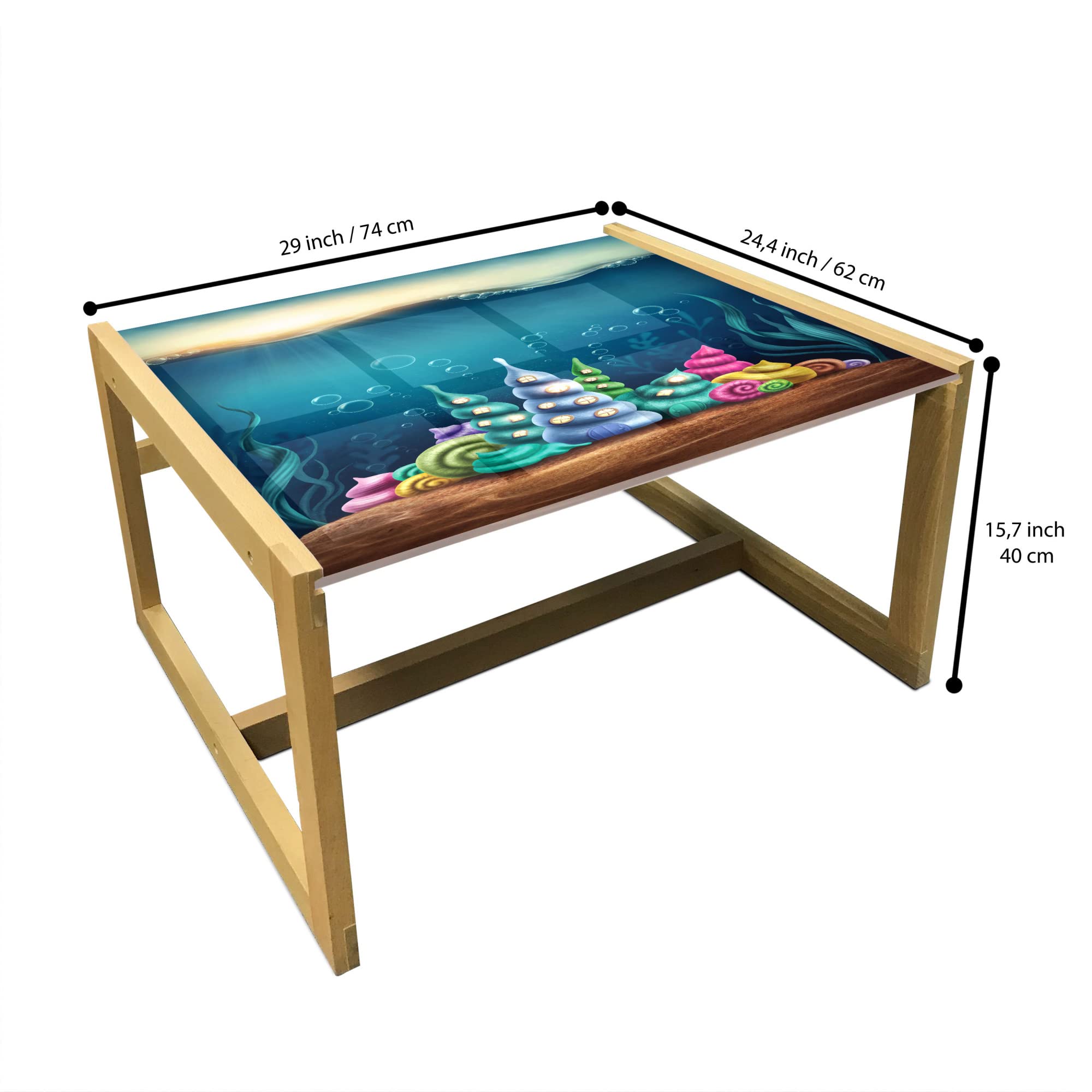 Ambesonne Ocean Themed Coffee Table - Underwater Fantasy Kingdom with Shell Houses & Water Bubbles Cartoon Print, Acrylic Glass Top & Wooden Frame - Medium Size Teal Brown - Perfect for Offices, Dorms, Living Rooms & Coastal Decor