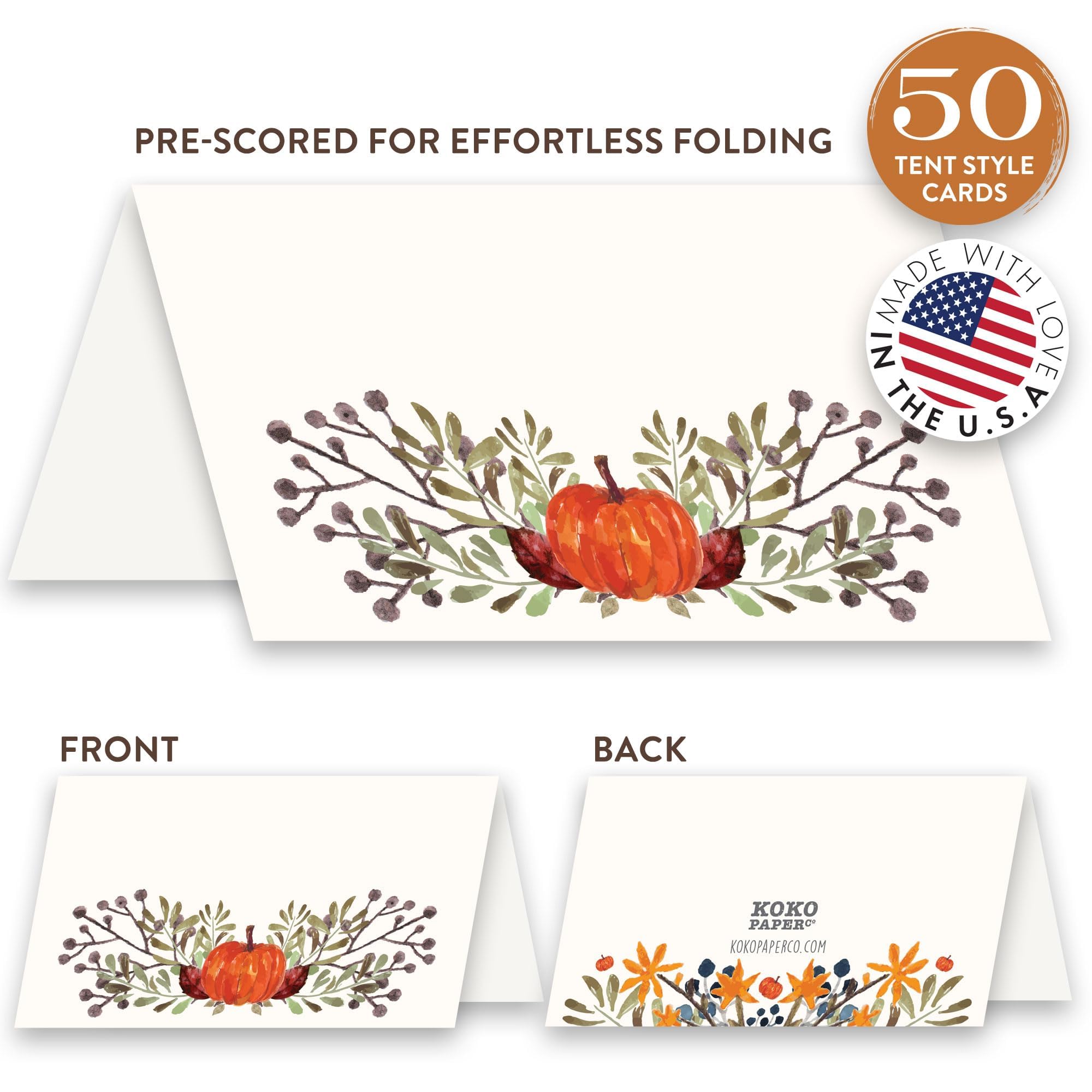 Premium Thanksgiving Table Place Cards with Pumpkin & Fall Leaves Design - 50 Pack Tent Style Name Cards for Holiday Dinner Settings - Handcrafted in USA | Perfect for Autumn Gatherings, Family Feasts & Thanksgiving Decor