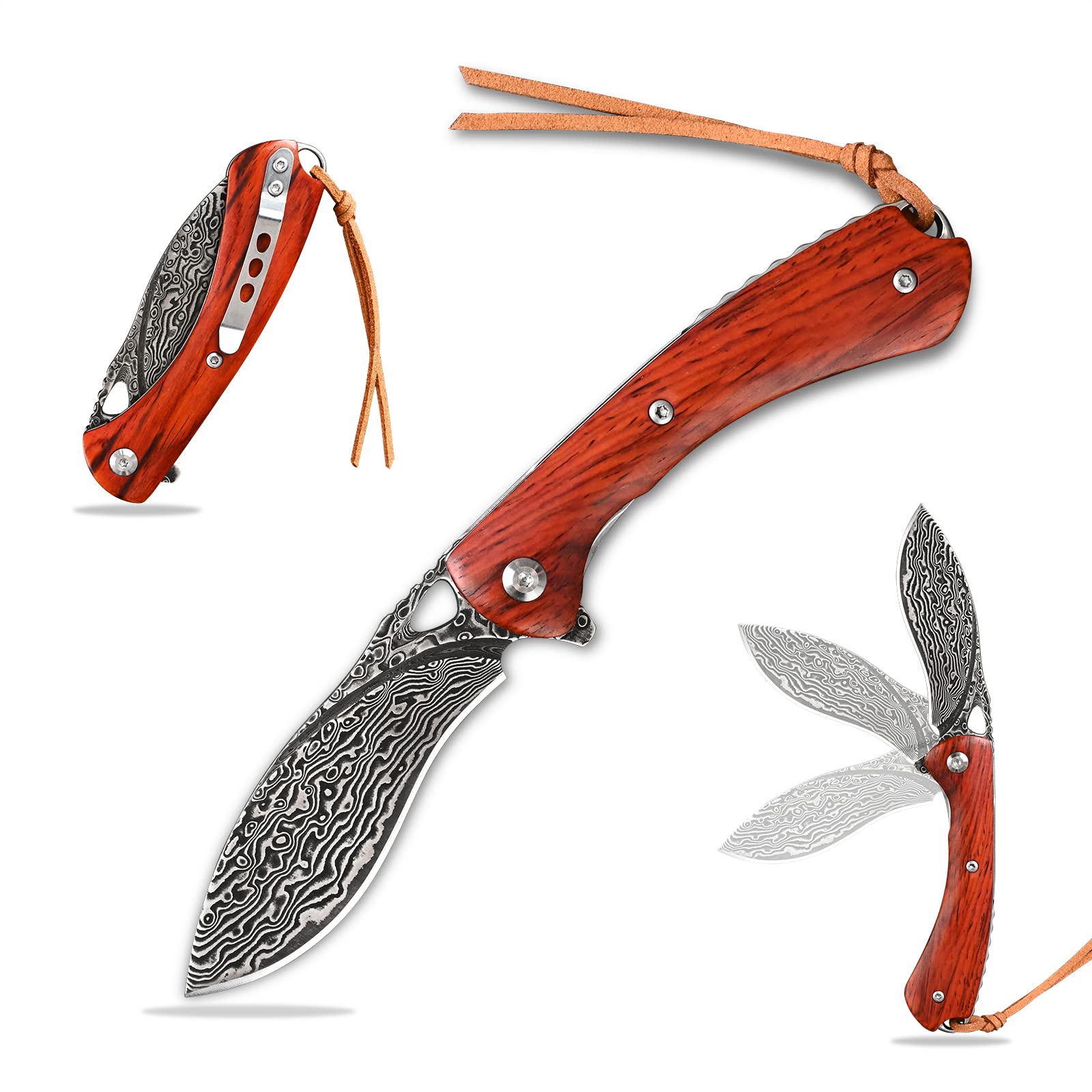 SDOKEDC SD601D VG10 Damascus Folding Pocket Knife - Tactical Military Flipper Knife with Ball Bearing, Yellow Sandalwood Handle & Liner Lock - Perfect for Outdoor Camping, Survival, Hunting & Self Defense