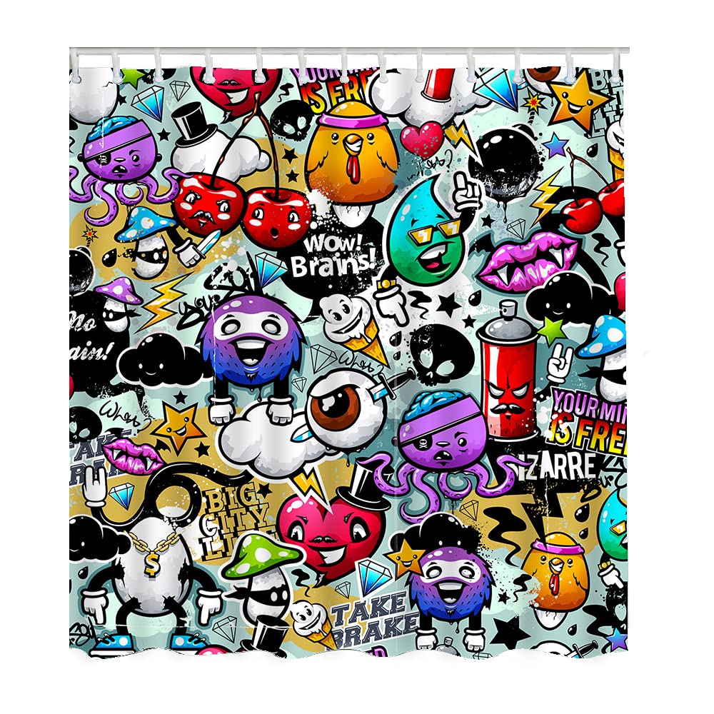 WONDERTIFY Graffiti Shower Curtain - Waterproof Bathroom Decor with Unique Bizarre Elements & Characters - 72x84 Inch for Modern Home & Apartment - Perfect for Teens, Artists & Urban Style Bathrooms