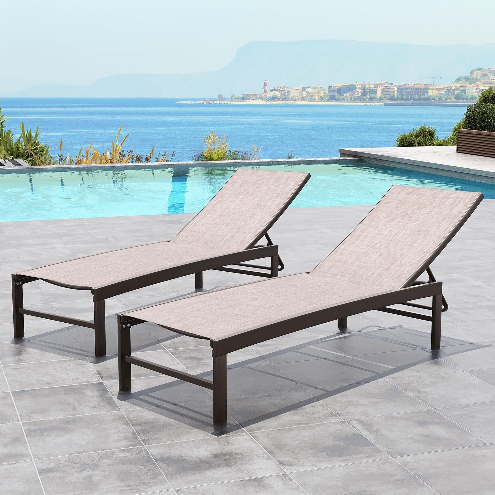 Crestlive 2-Piece Outdoor Lounge Chair Set - Aluminum Pool Chaise Lounge Chairs with 5-Position Adjustable Recliner, All-Weather Patio Furniture for Beach, Yard & Poolside Relaxation (Beige) | Perfect for Sunbathing, Lounging by the Pool or Backyard Relaxation