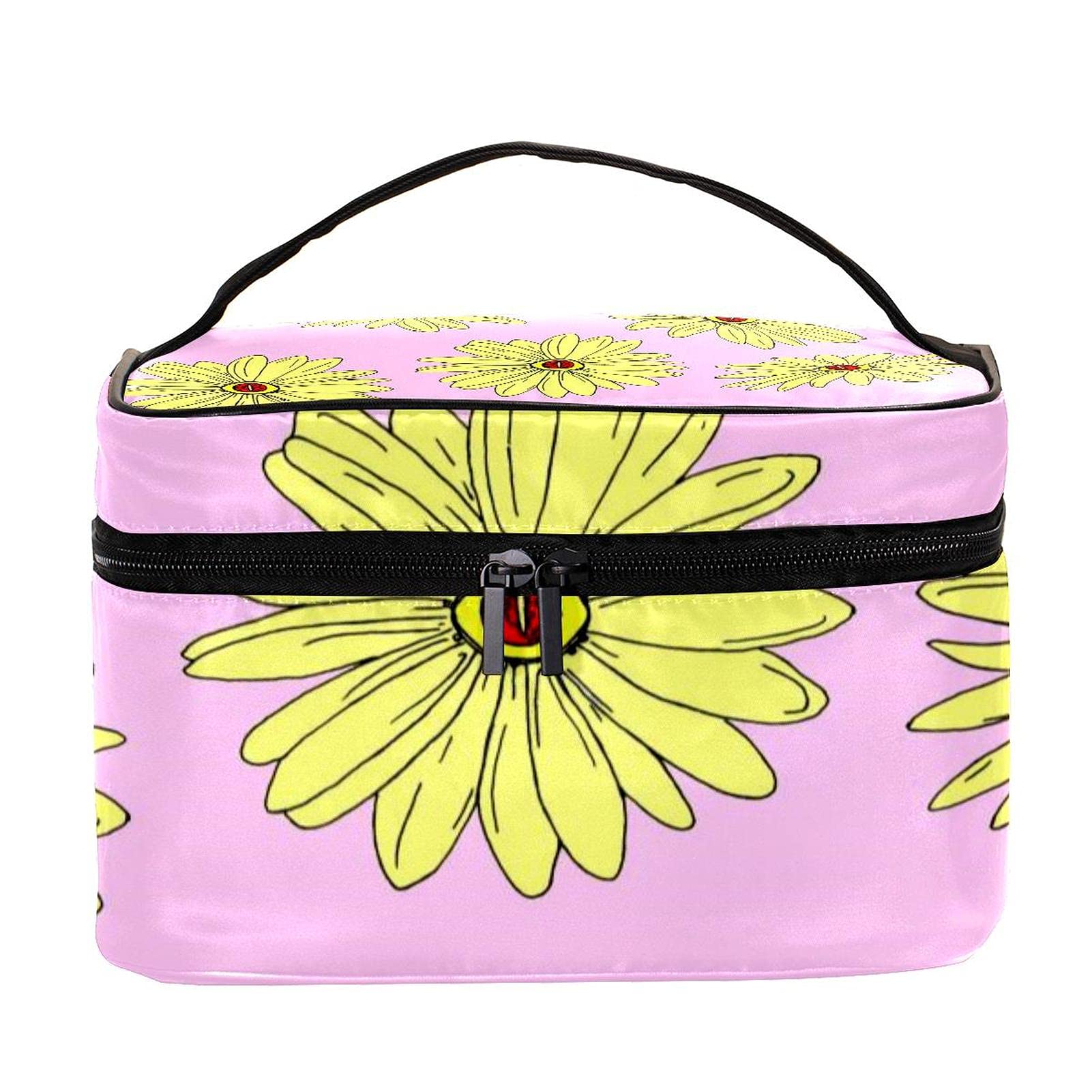 **Yellow Sunflowers Pink Pattern Large Travel Makeup Bag for Women & Girls – Waterproof Cosmetic Organizer with Zipper, Perfect for Toiletries, Gym, and Vacation**