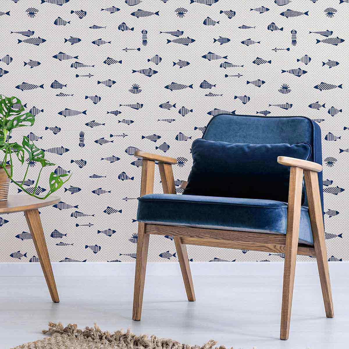 Blue Fish Peel and Stick Removable Wallpaper - Self-Adhesive Decorative Wall Covering for Bedroom, Nursery, or Office Decor