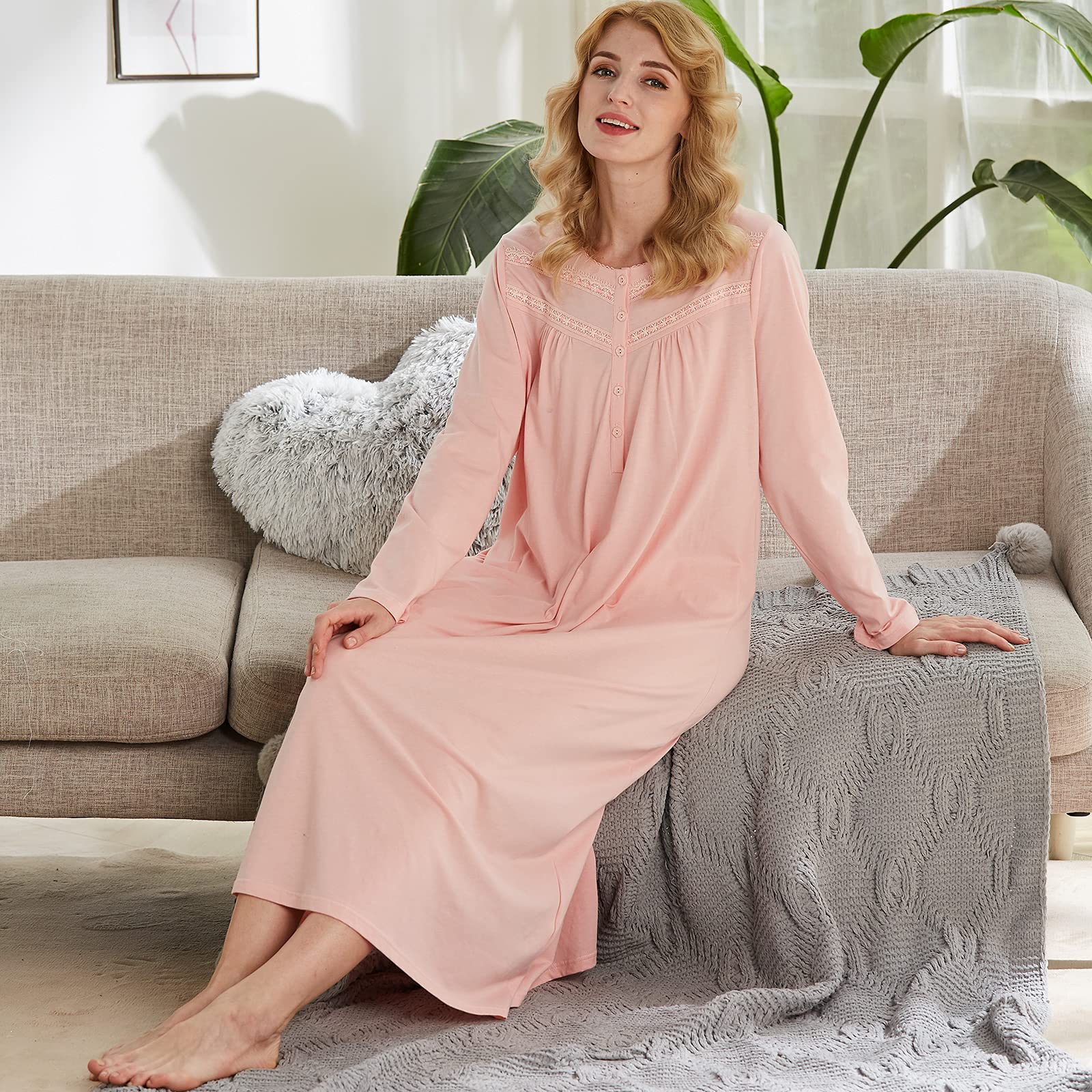 Keyocean Women's Soft Cotton Long Sleeve Nightgown - Comfortable Lightweight Sleepwear for Lounge & Bedtime - Perfect for Relaxing at Home or Overnight Travel