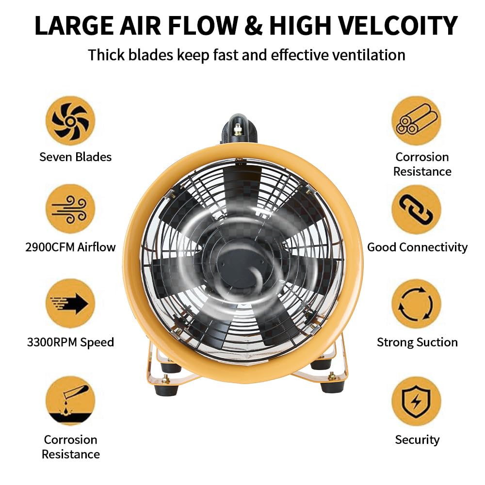 ONNAO 8 Inch High Velocity Utility Blower Fan - 3300 RPM Industrial Ventilator with 16 ft Flexible Duct Hose (1500 m³/h Airflow) - Perfect for Workshop, Garage, Basement & Home Ventilation