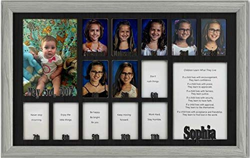 Personalized Northland School-Years Picture Frame - Holds Twelve 2.5x3.5 School Photos & Two 5x7 Graduation/Birthday Pictures - Light Gray Frame with Black Insert - Custom Name Engraving - 12x20 Wall Decor - Perfect for School Memories, Graduation Gifts & Family Photo Displays