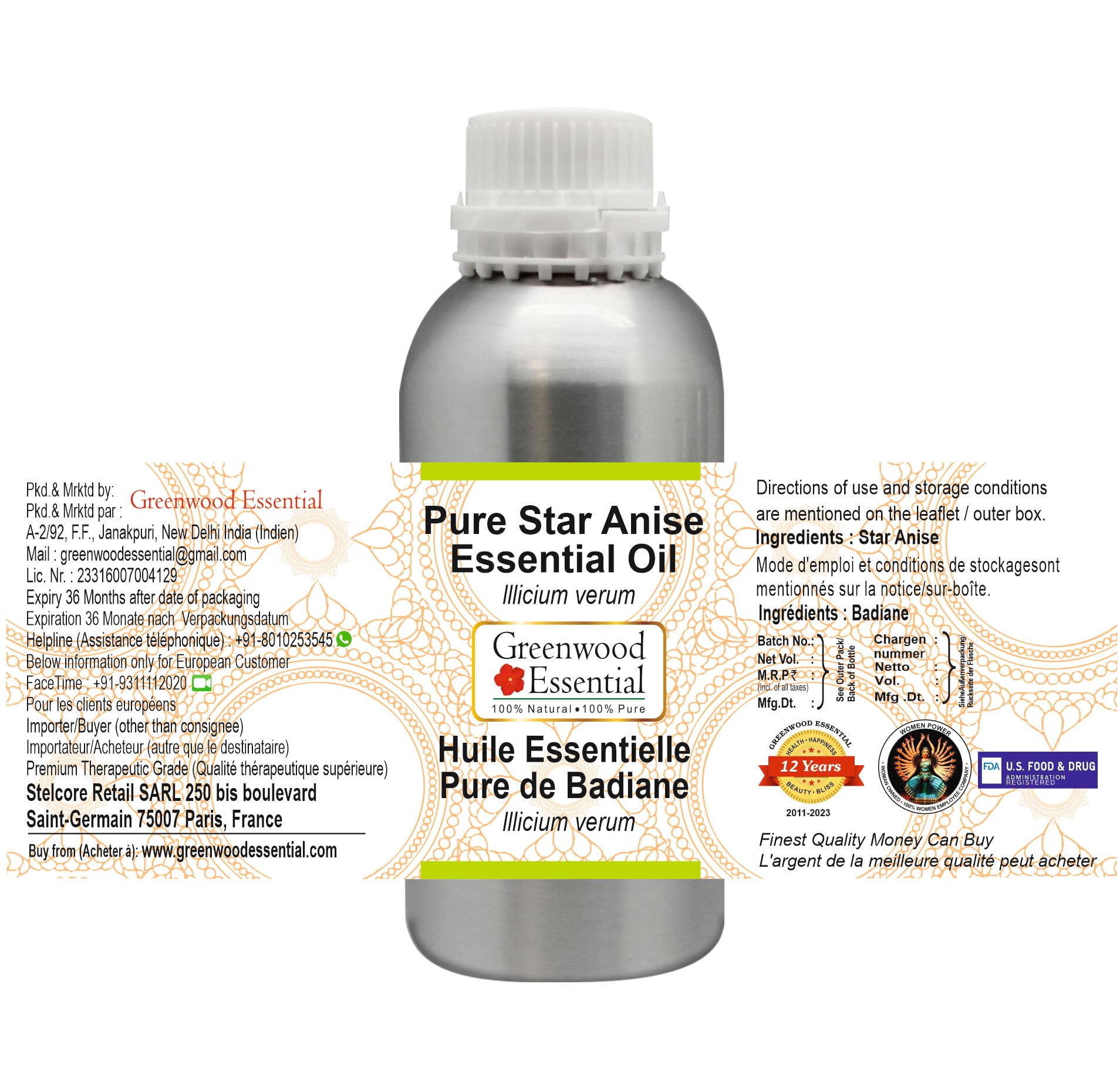 Pure Star Anise Essential Oil (Illicium Verum) 1250ml (42 oz) - 100% Natural, Therapeutic Grade for Aromatherapy, Massage & DIY Skincare