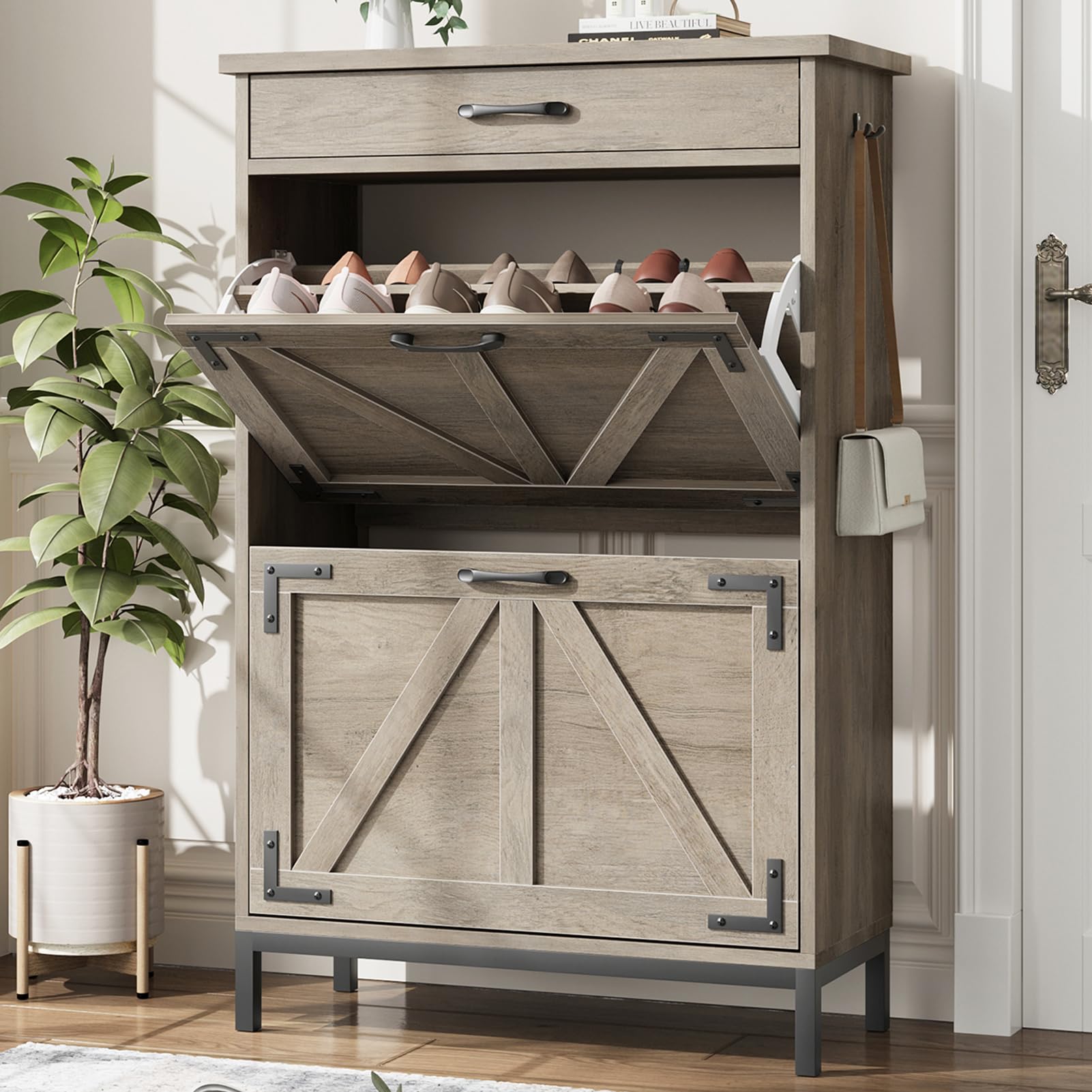 Farmhouse Style Shoe Storage Cabinet - Narrow Entryway Shoe Organizer with 2 Flip Drawers, Free Standing Slim Shoe Rack for Hallway, Foyer, Living Room - Perfect for Small Spaces & Home Organization (Grey)