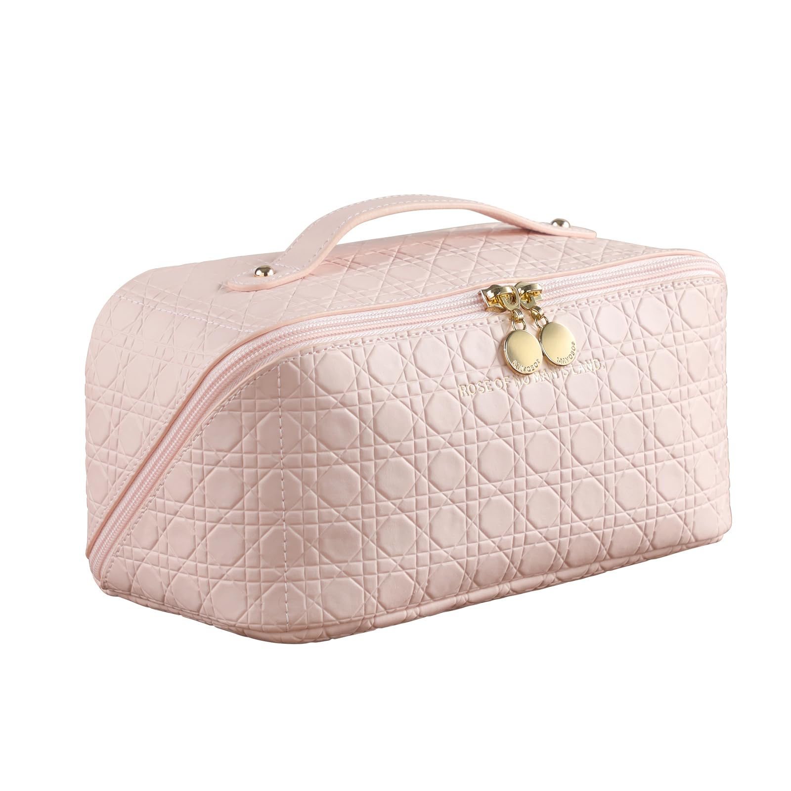 Large Capacity Waterproof PU Leather Travel Makeup Bag for Women - Portable Cosmetic Organizer with Dividers, Pink | Perfect for Vacation, Gym & Daily Use