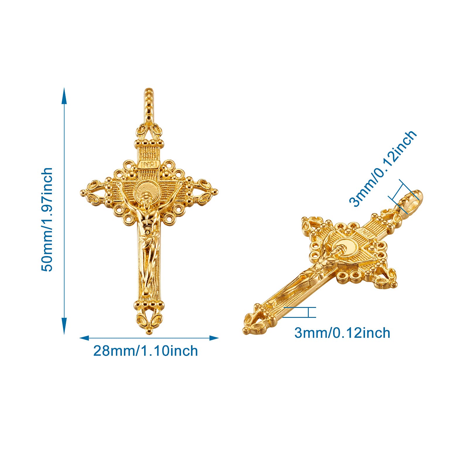 20pcs Tibetan Style Golden Crucifix Cross Pendants - 50x28x3mm with 3mm Hole - Perfect for Rosary Beads, Necklace Making & DIY Jewelry Crafting - Ideal for Religious Gifts, Spiritual Accessories & Handmade Projects