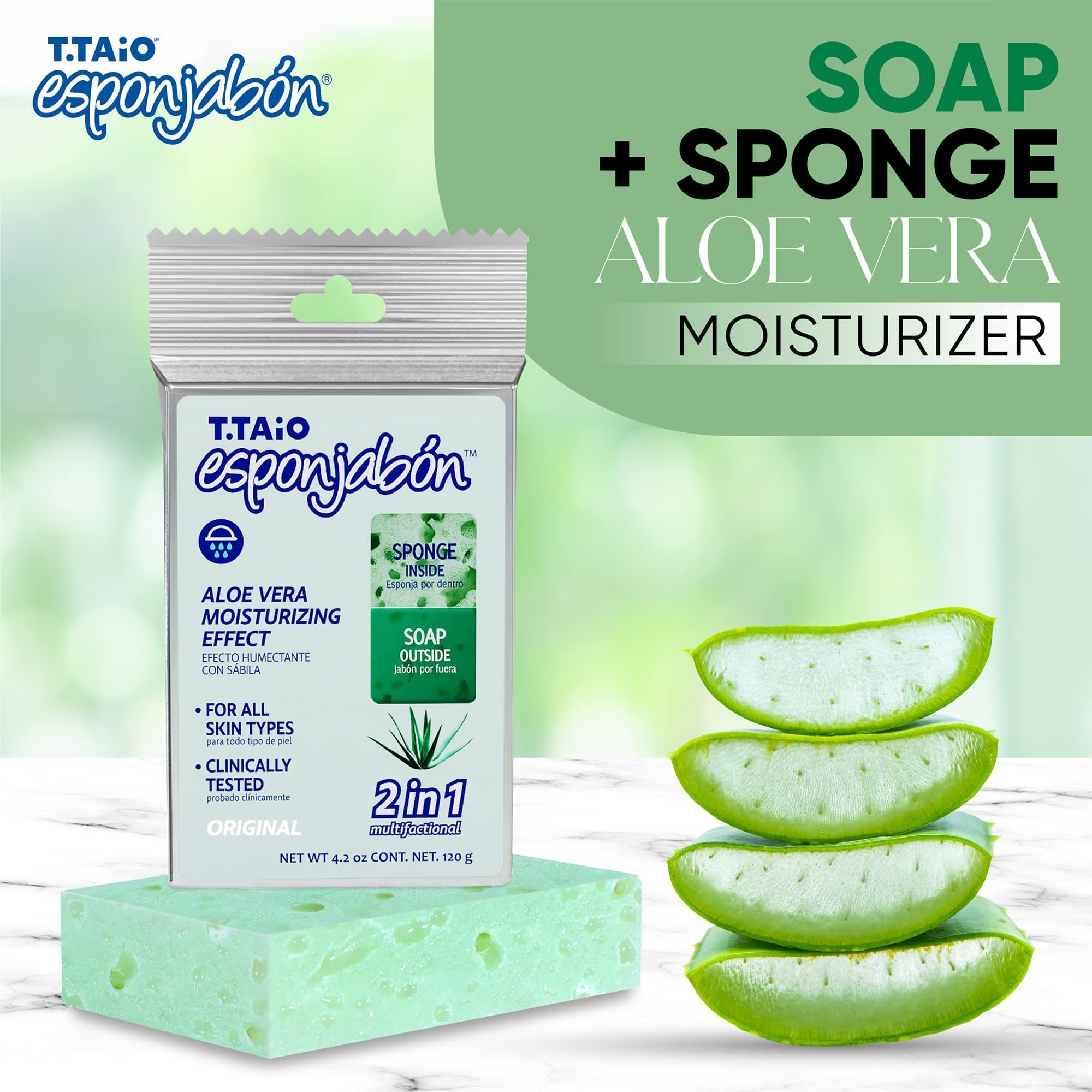 T.Taio Aloe Vera Soap Sponge - Exfoliating Shower Scrubber for Face, Body & Feet - Deep Cleansing Bath Sponge for Oil & Dirt Removal - Gentle Massage & Lather - Bathroom Accessories with Fresh Aloe Scent - Perfect for Daily Shower, Spa & Skincare Routine