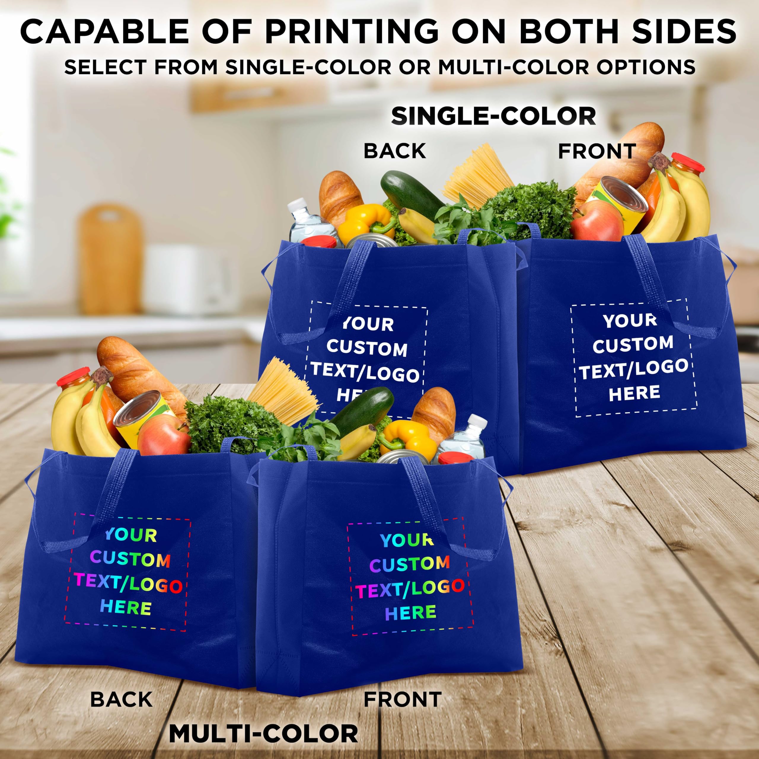 Custom Jumbo Reusable Tote Bags Bulk Pack - 100 Personalized Grocery & Shopping Bags for Women - Promotional Items & Giveaways - Eco-Friendly Blue Totes for Shopping, Events & Branding