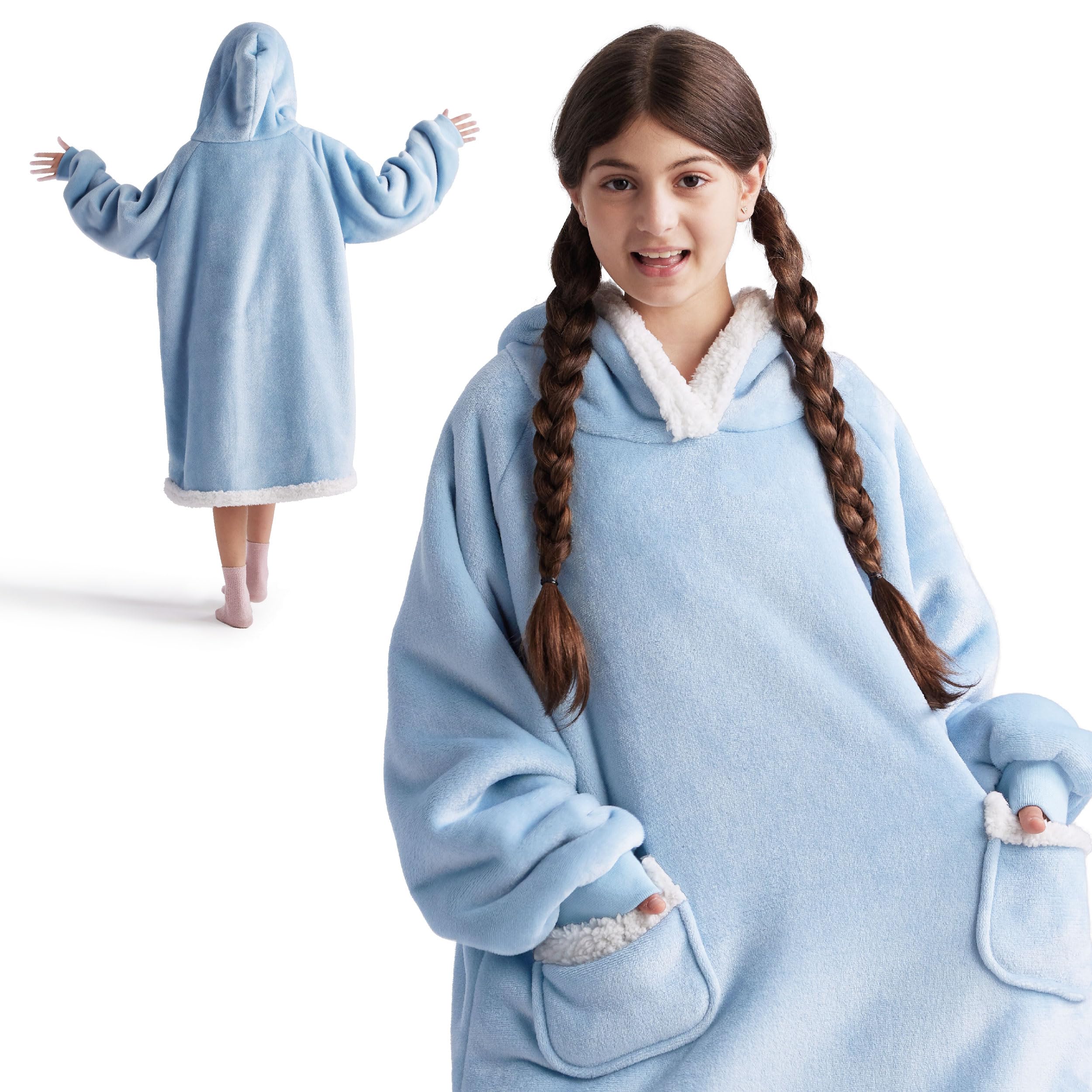 Bedsure Sherpa Wearable Blanket Hoodie - Soft Fleece Blanket Sweatshirt for Women, Men & Kids | Cozy Christmas Gift Idea | Perfect for Lounging, Movie Nights & Cold Weather (Sky Blue)