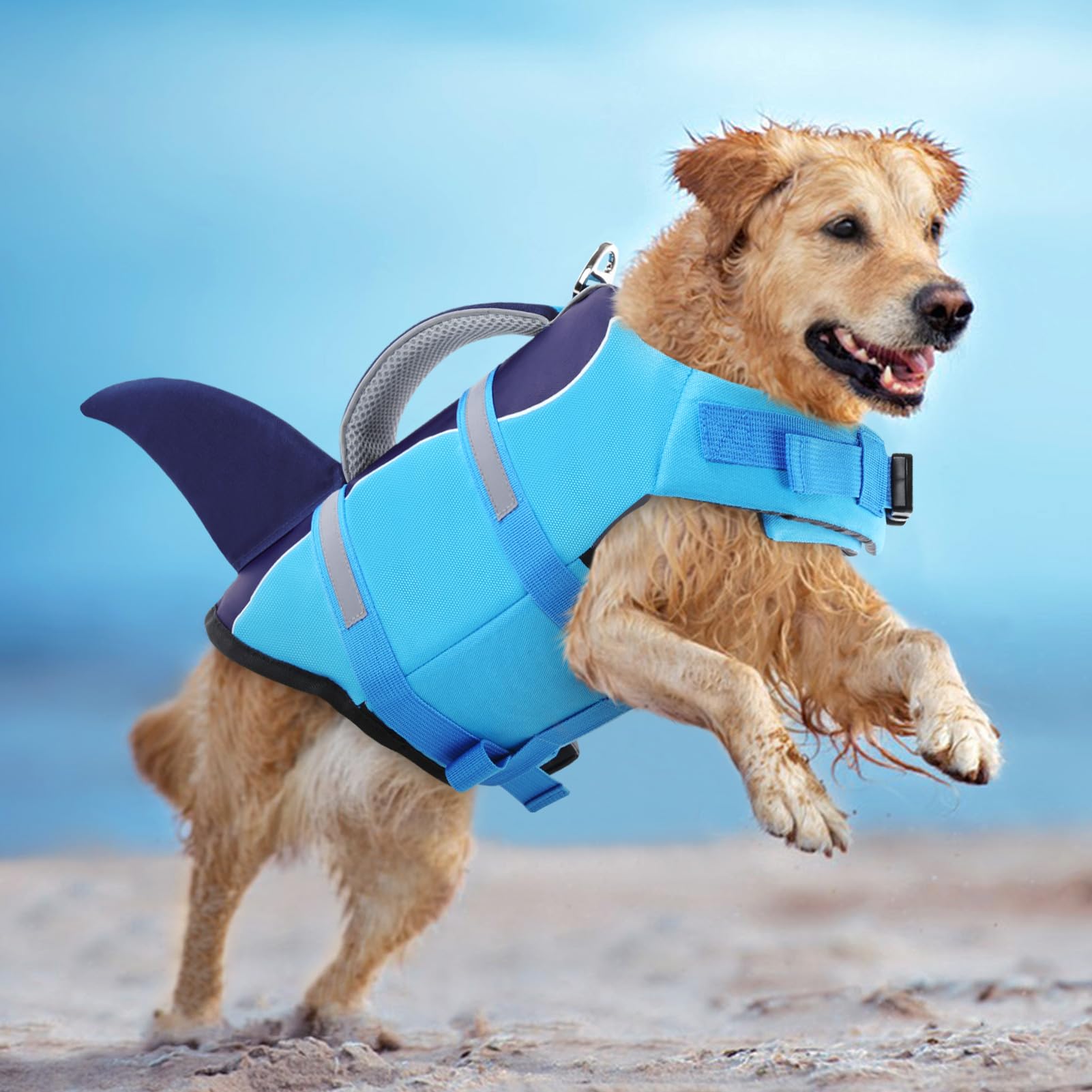 AOFITEE Dog Life Jacket - Shark Design Swimming Vest with Rescue Handle & Reflective Stripe for Small Medium Large Dogs (Blue, XL) - Perfect for Beach, Pool & Boating Safety