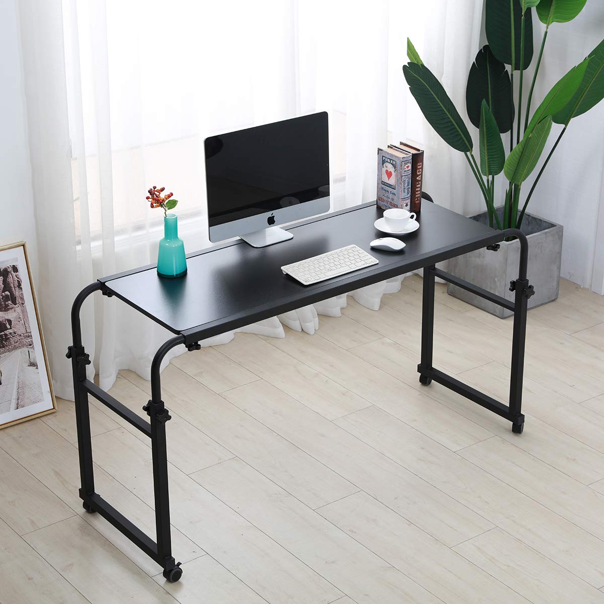 Adjustable Overbed Table with Wheels - Rolling Laptop Desk for King/Queen Beds, Portable Hospital Bed Table (Black) - Perfect for Home Office, Hospital Use & Bedside Workspace
