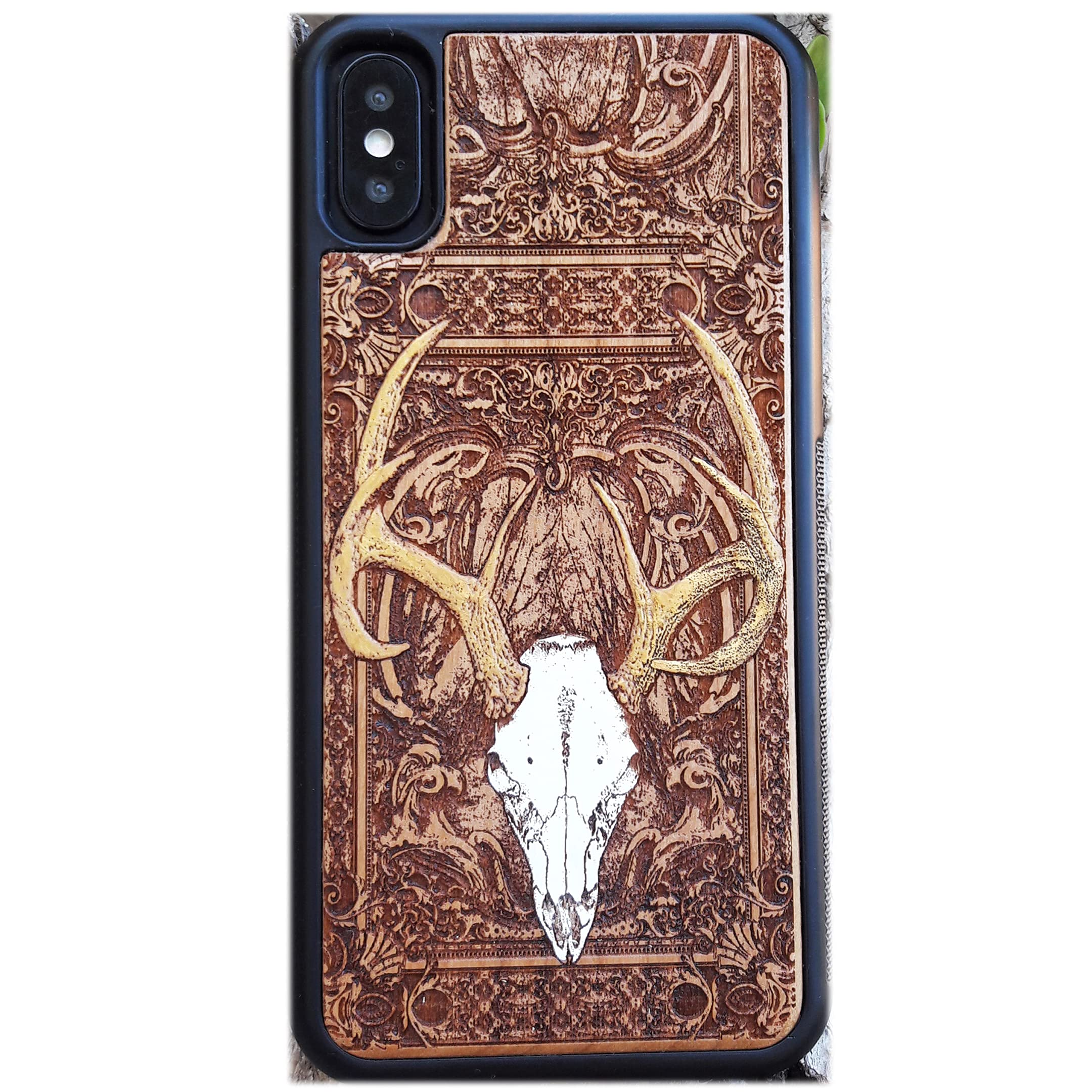 Hand-Painted Deer Skull Laser Engraved Wooden Phone Case for iPhone 16/15/14/13/12/11 Pro Max/Mini & Galaxy S25/S24/S23/S22/S21/S20 Ultra Plus - Eco-Friendly Slim Durable Wood Cover - Perfect for Outdoor Adventures, Nature Lovers & Unique Gift Ideas