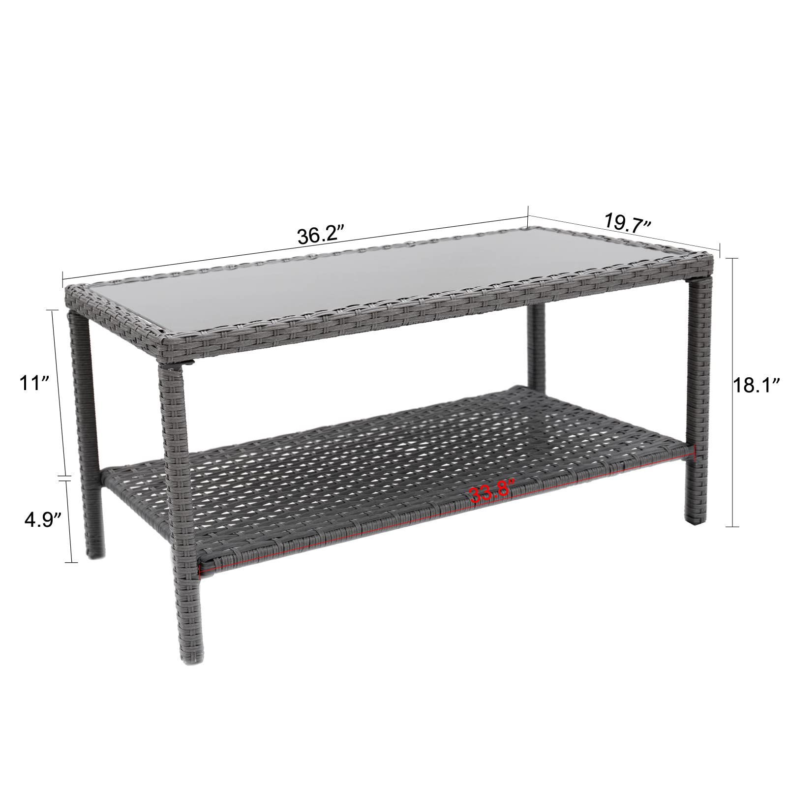 Outdoor Coffee Side Table with Glass Top - All-Weather Wicker Patio End Table for Garden, Balcony & Deck - Gray Rectangle Storage Table for Drinks, Books & Decor