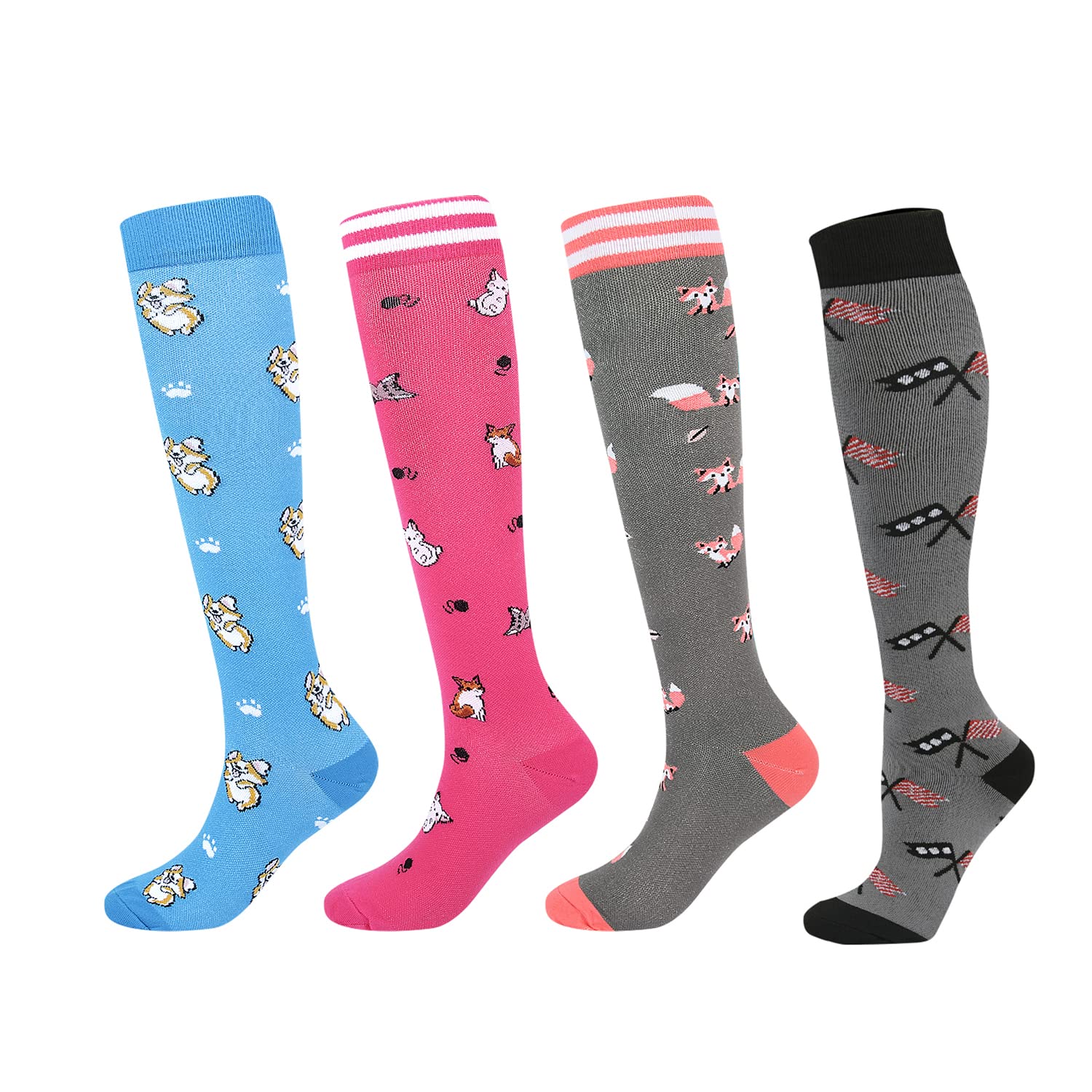 4 Pairs Women's Compression Socks - Knee High Funny Socks with American Flag, Dog, Cat & Fox Prints - Perfect for Nurses, Travel & Varicose Vein Relief