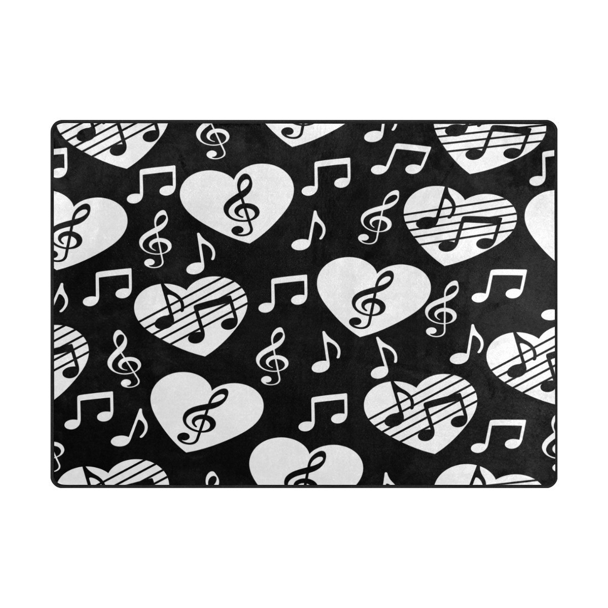 ALAZA Black and White Heart Music Print Area Rug - 7' x 5' Soft Non-Slip Living Room Bedroom Rug - Perfect for Music Lovers' Home Decor, Dorm Room, and Nursery Floor Mat