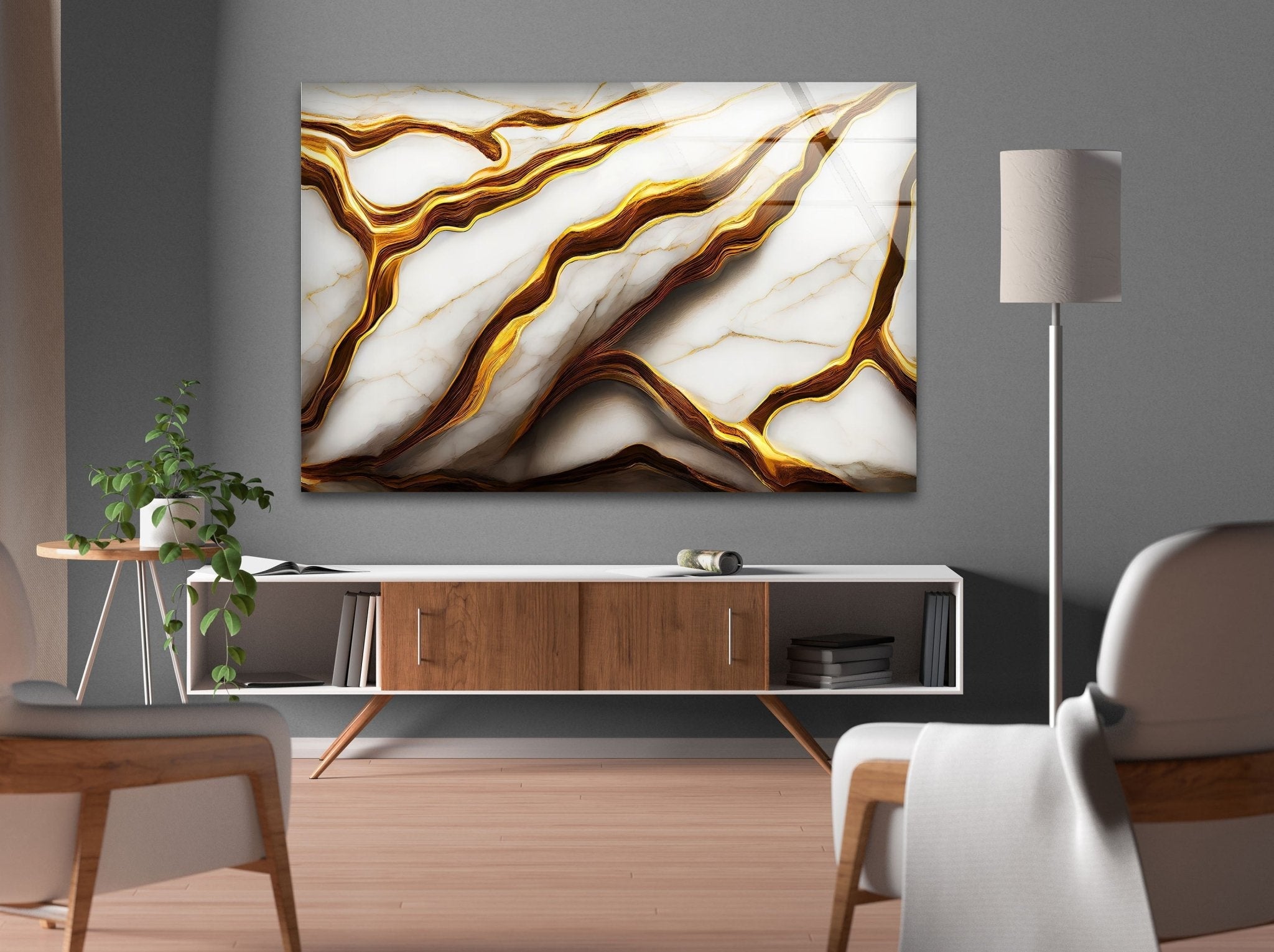 Abstract Golden Details Marble Glass Wall Art - Modern Home Decor for Living Room, Bedroom & Office | Elegant Handmade Glass Panel for Interior Design