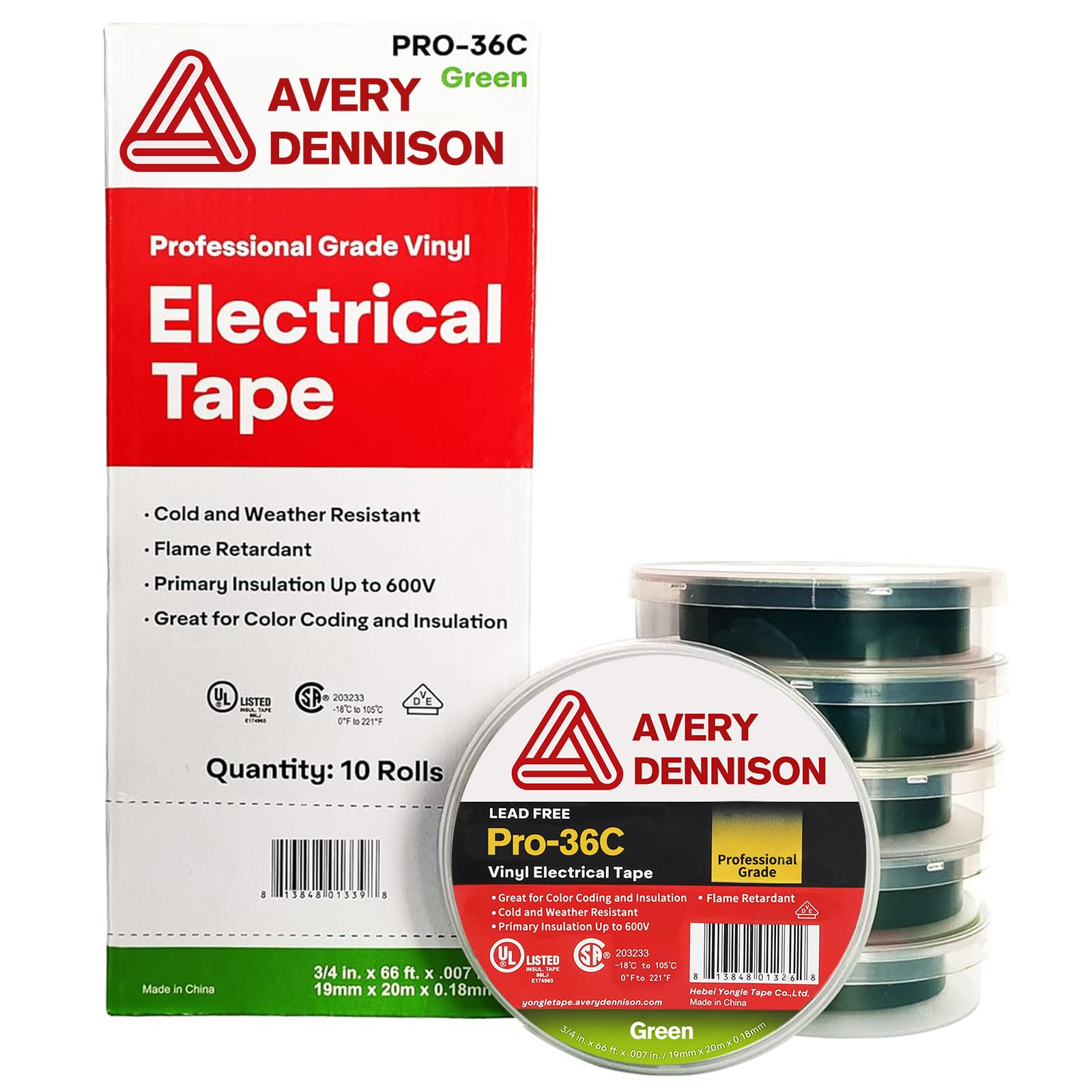 Professional Grade PVC Electrical Tape - UL/CSA Listed Insulating Vinyl Tape for Electrical Repairs, Automotive & Equipment (3/4 in x 66 ft, Green, 10 Rolls) - Perfect for Wiring, DIY Projects & Industrial Use