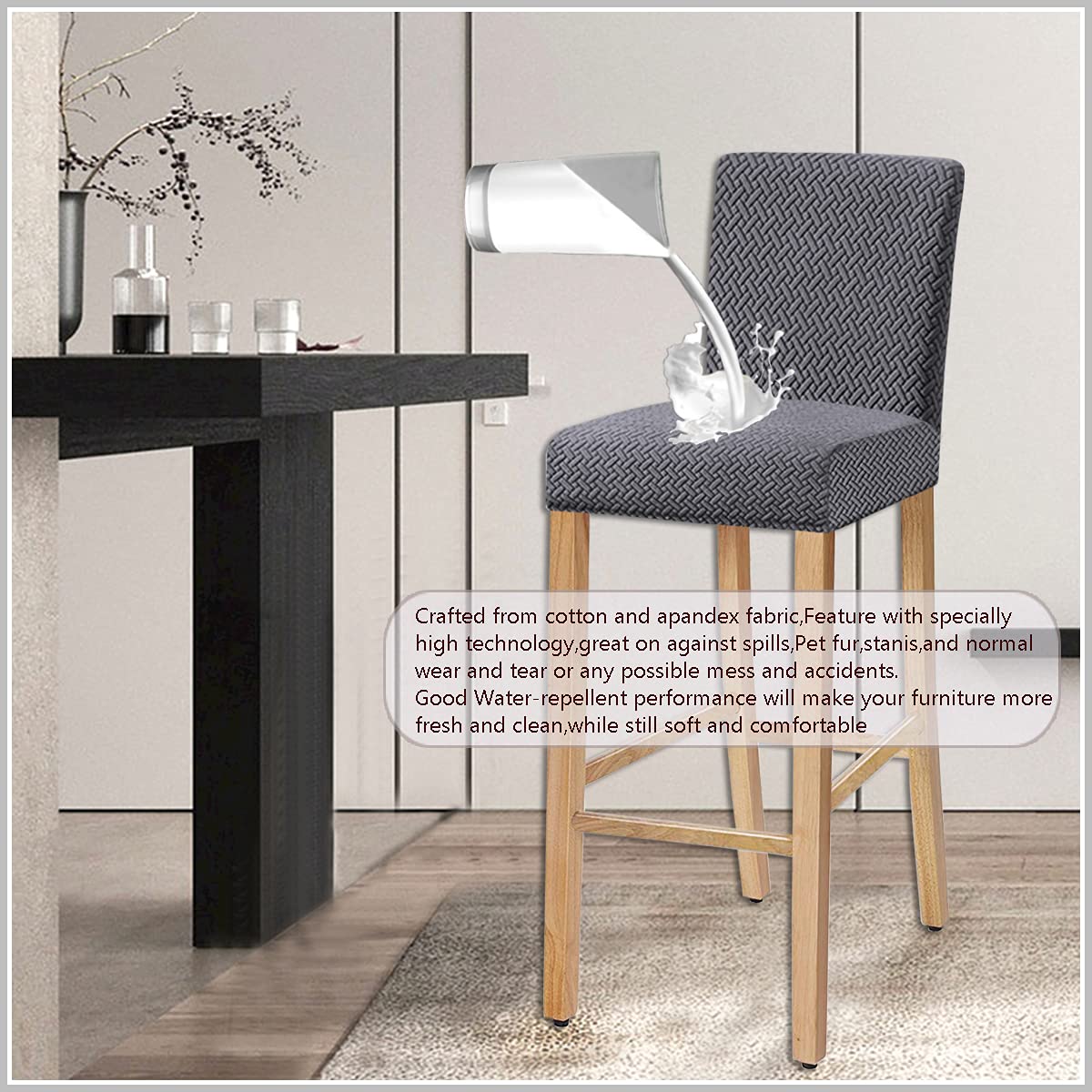 Stretch Waterproof Jacquard Bar Chair Covers - Washable & Removable Slipcovers for Dining Chairs, Bar Stools & Back Chairs (Set of 4, Dark Gray) - Perfect for Home, Restaurant & Office Use