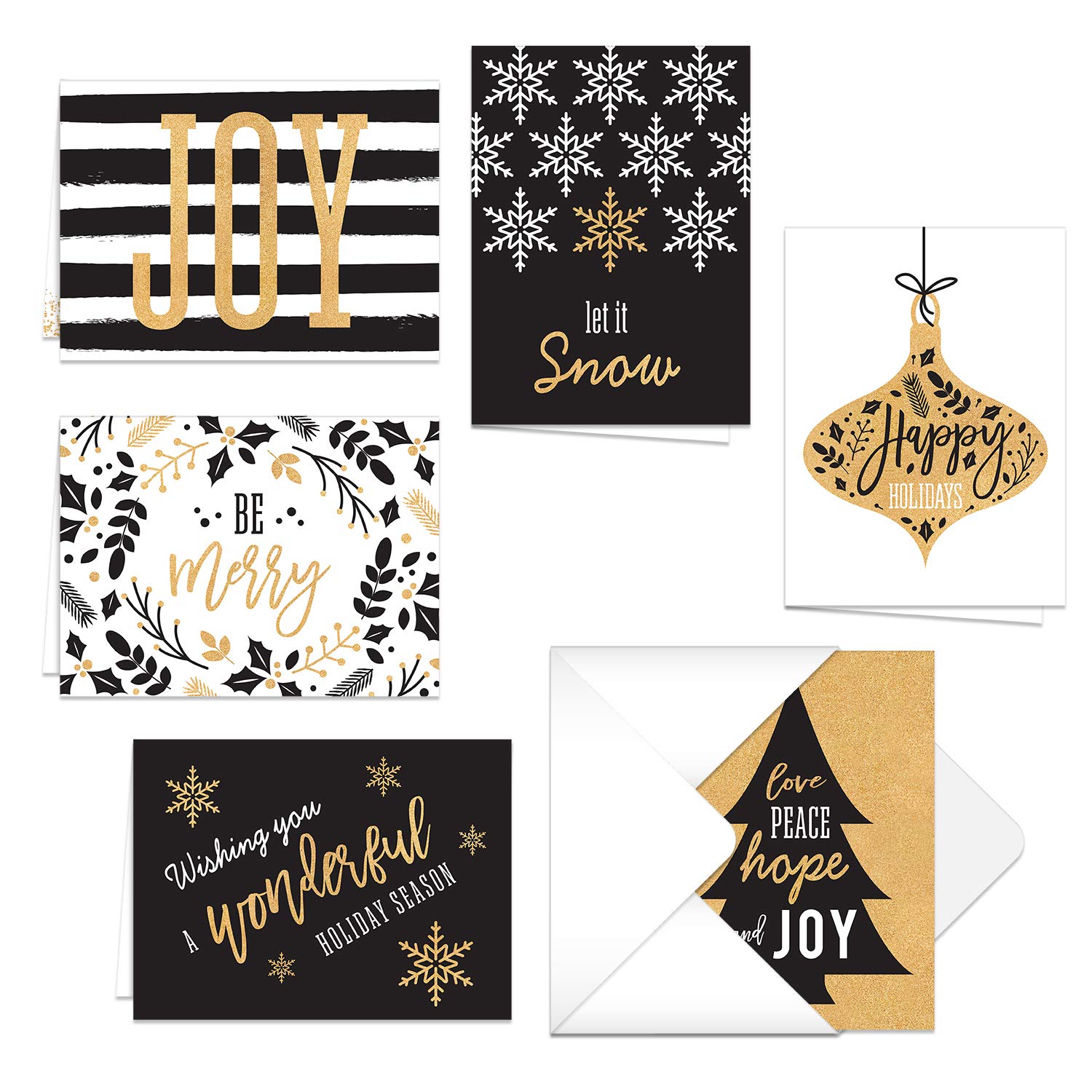 24 Pack Faux Gold and Black Christmas Greeting Cards - 6 Festive Holiday Designs (4.625