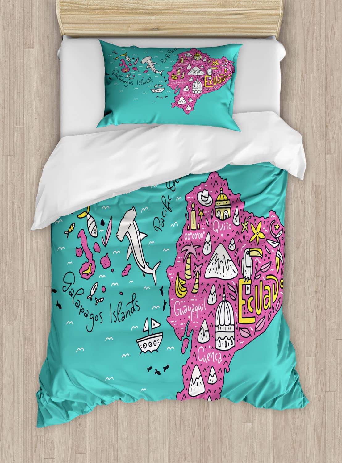 Ambesonne Ecuador Duvet Cover Set - Colorful Doodle Map of Ecuador with Main Cities, 2-Pack King Size Bedding Set (2 Duvet Covers + 4 Pillowcases) in Turquoise & Pink | Perfect for Home Decor, Guest Rooms & Travel-Themed Bedrooms
