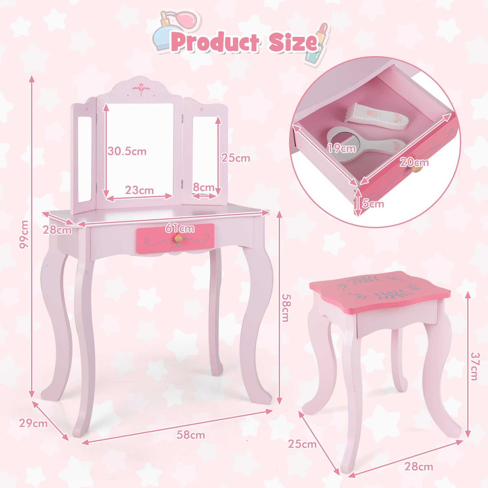INFANS Kids Vanity Set - 2-in-1 Princess Makeup Table & Chair with Tri-Fold Mirror, 10 Accessories, Wooden Dressing Table for Girls - Perfect for Birthday Gifts, Pretend Play & Room Decor (Pink)