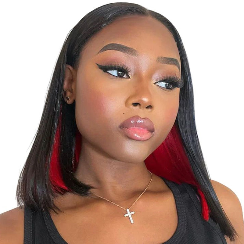 Eullair Peakaboo Highlights Colored Short Bob Wig - Inner Red/Pink/Blue/Green/Blonde Straight Human Hair Lace Frontal Wig for Cosplay, Halloween, Costume Parties & Daily Fashion