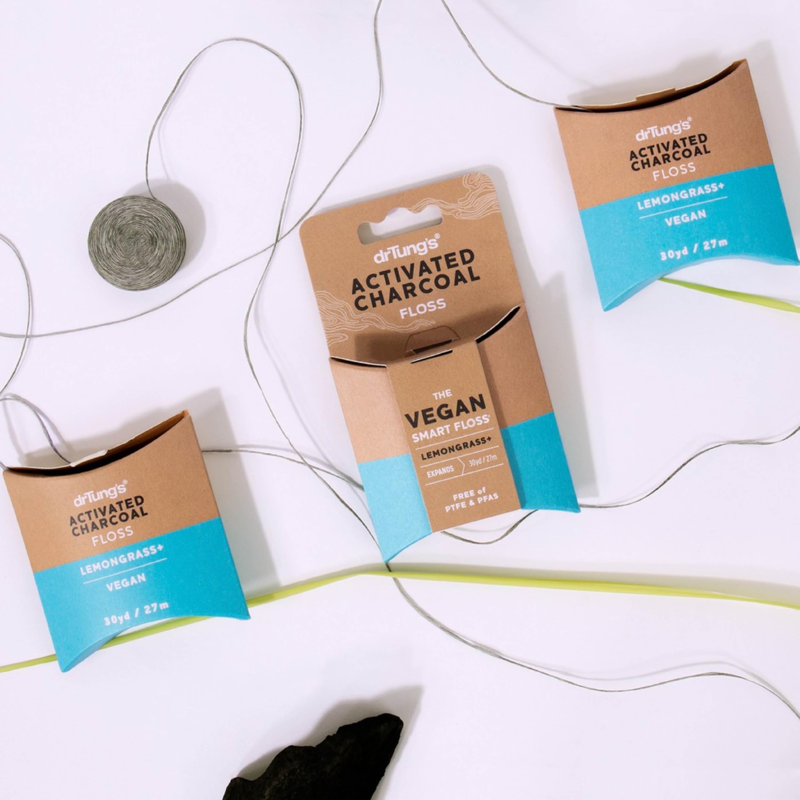 DrTung's Vegan Activated Charcoal Dental Floss - Natural Expanding Floss for Sensitive Gums, BPA Free & Eco-Friendly, Refreshing Lemongrass Flavor (1 Pack) - Perfect for Travel, Home & Office Oral Care