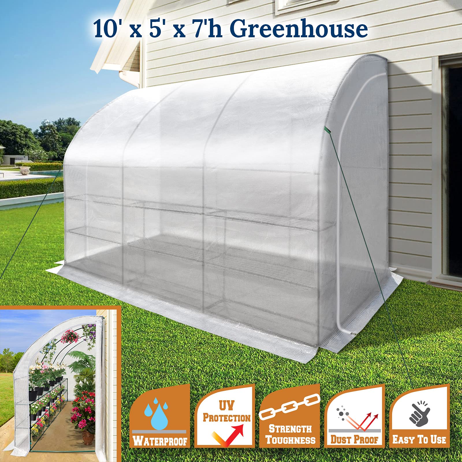 BenefitUSA 10x5x7ft Walk-in Greenhouse - Large Portable Outdoor Garden Hot House with 3 Tiers & 6 Shelves, Waterproof White Structure for Plants, Flowers & Vegetables | Perfect for Backyard Gardening, Urban Farming & Seasonal Plant Protection