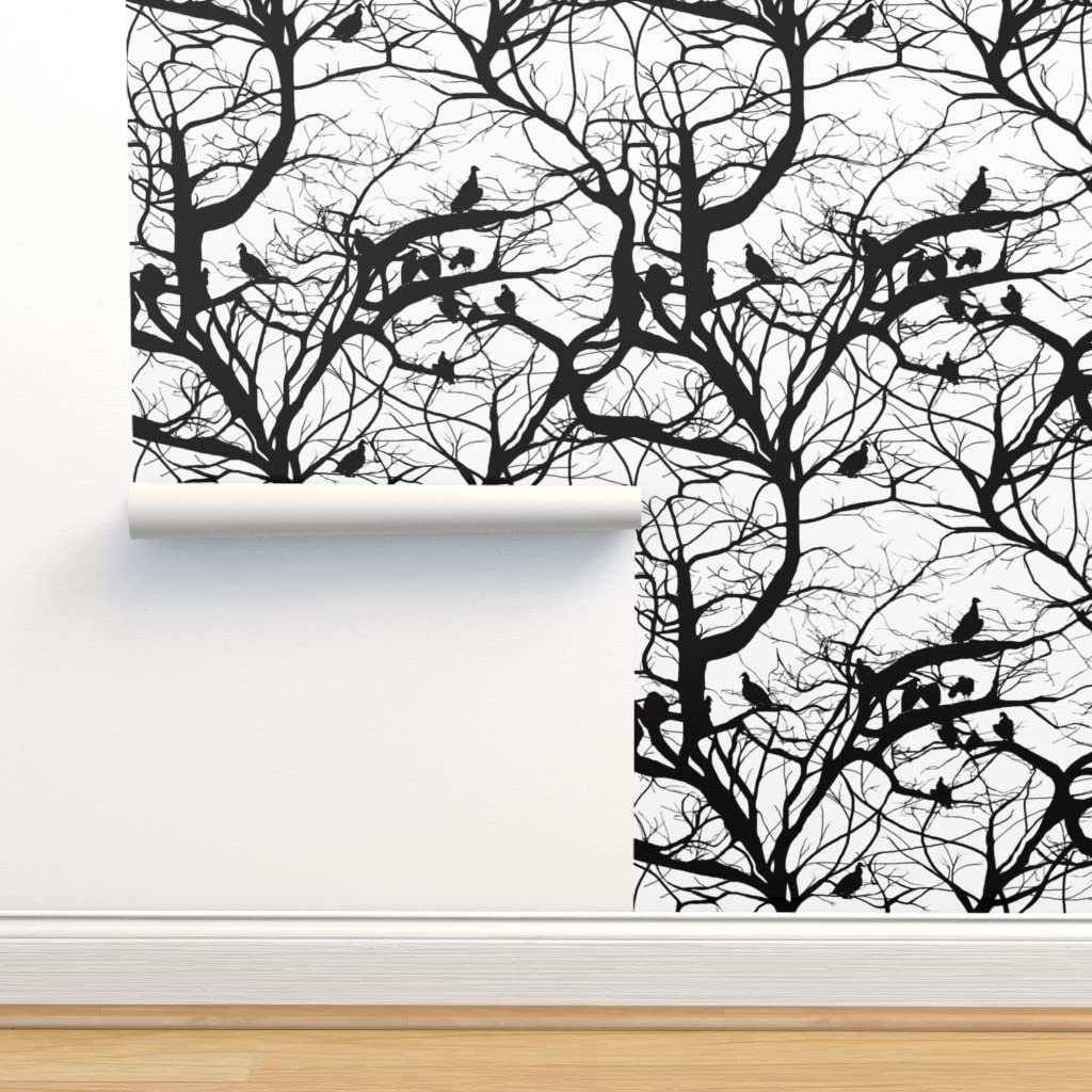 Peel & Stick Wallpaper 12ft x 2ft - Black & White Large Birds with Trees Branches Design | Removable Self-Adhesive Wallpaper for Goth Halloween Decor | Perfect for Bedroom, Living Room & Office Wall Decor
