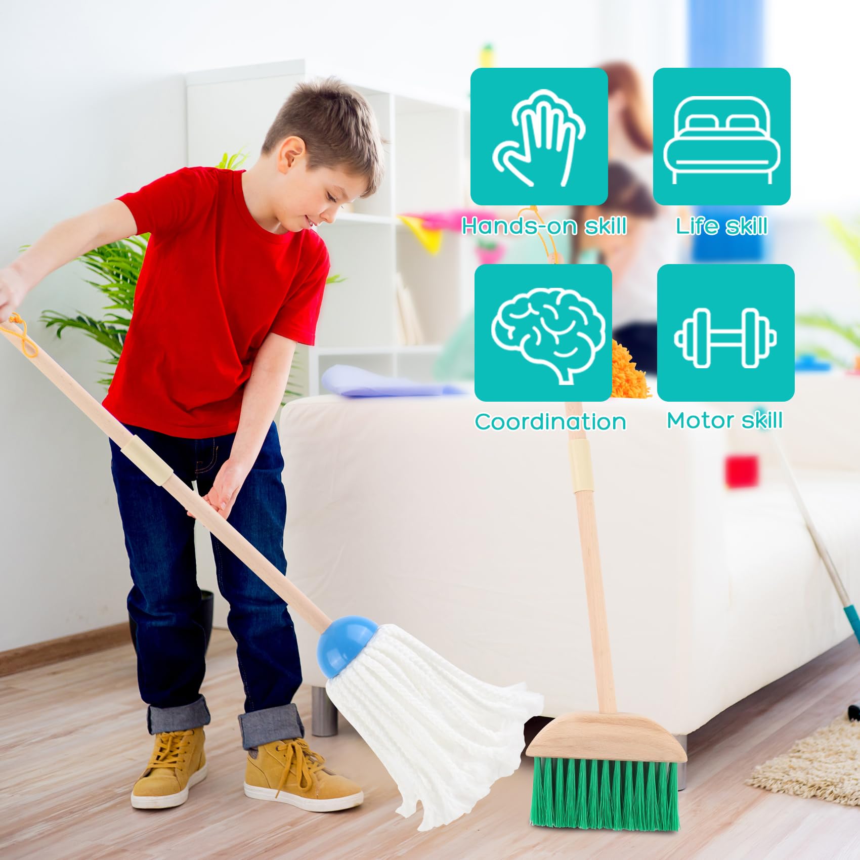 Wooden Kids Cleaning Toy Set - Pretend Play Broom, Dustpan & Mop for Toddlers 3+ Years Old - 9-Piece Learning Housekeeping Kit for Boys & Girls - Perfect Birthday Gift & Preschool Educational Activity - Ideal for Role Play, Montessori Learning & Early Childhood Development