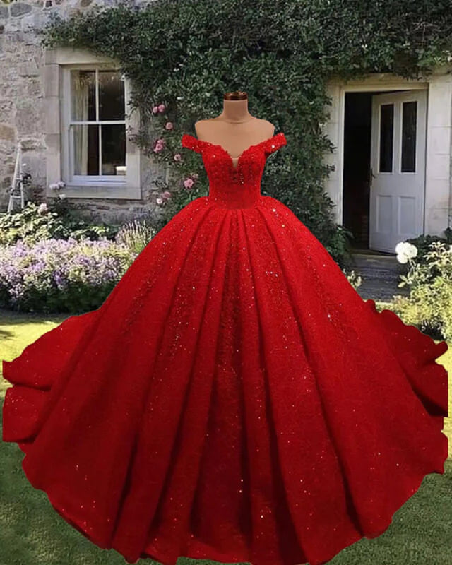 2025 Off Shoulder Glitter Wedding Dress - Red Sequin Ball Gown Bridal Gown for Bride | Perfect for Evening Galas, Prom Nights & Formal Occasions