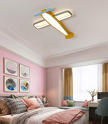 Dimmable LED Flush Ceiling Light - Airplane Shaped Metal Propeller Design, Stepless Dimming, Yellow - Perfect for Kids Bedroom, Nursery, Children's Room & Playroom (21 Inch) - Ideal for Nighttime Reading & Themed Decor