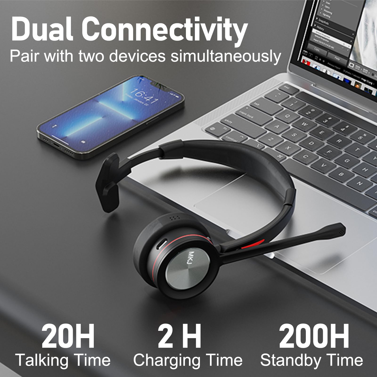 MKJ Wireless Noise Canceling Headset with Microphone for PC - Bluetooth Headphones for Call Center, Office, Truck Drivers - Compatible with Computer, Laptop, Cell Phone, Skype, Zoom, Webex - Perfect for Remote Work, Online Meetings & Gaming