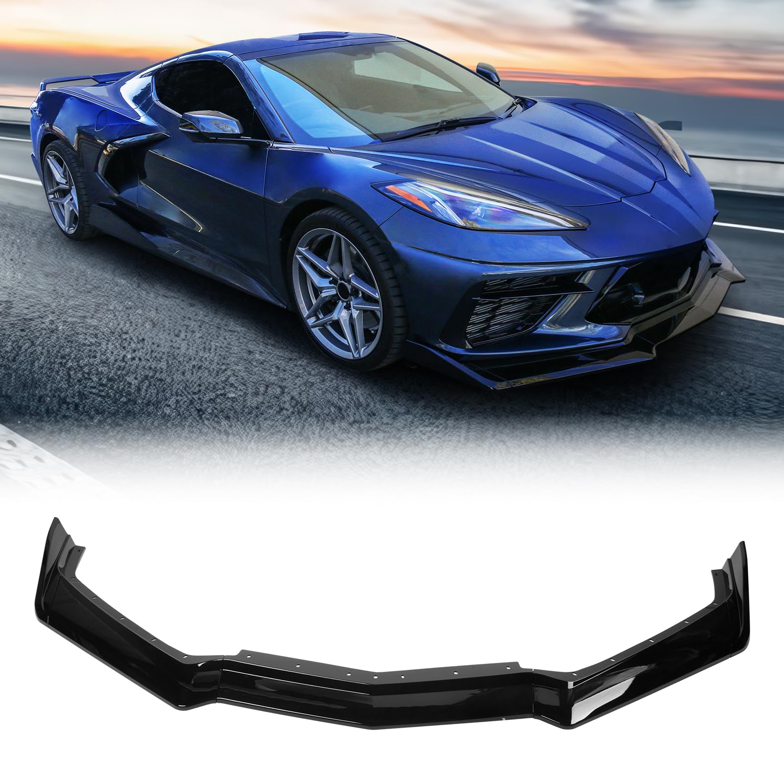 FREEMOTOR802 Gloss Black Front Bumper Lip Splitter for 2020-2025 Chevy Corvette C8 Stingray & Z51 | ABS Air Dam Lower Chin Spoiler Body Kit Replacement (5-Piece Set) | Enhances Aerodynamics & Sporty Look for Street Racing & Car Shows