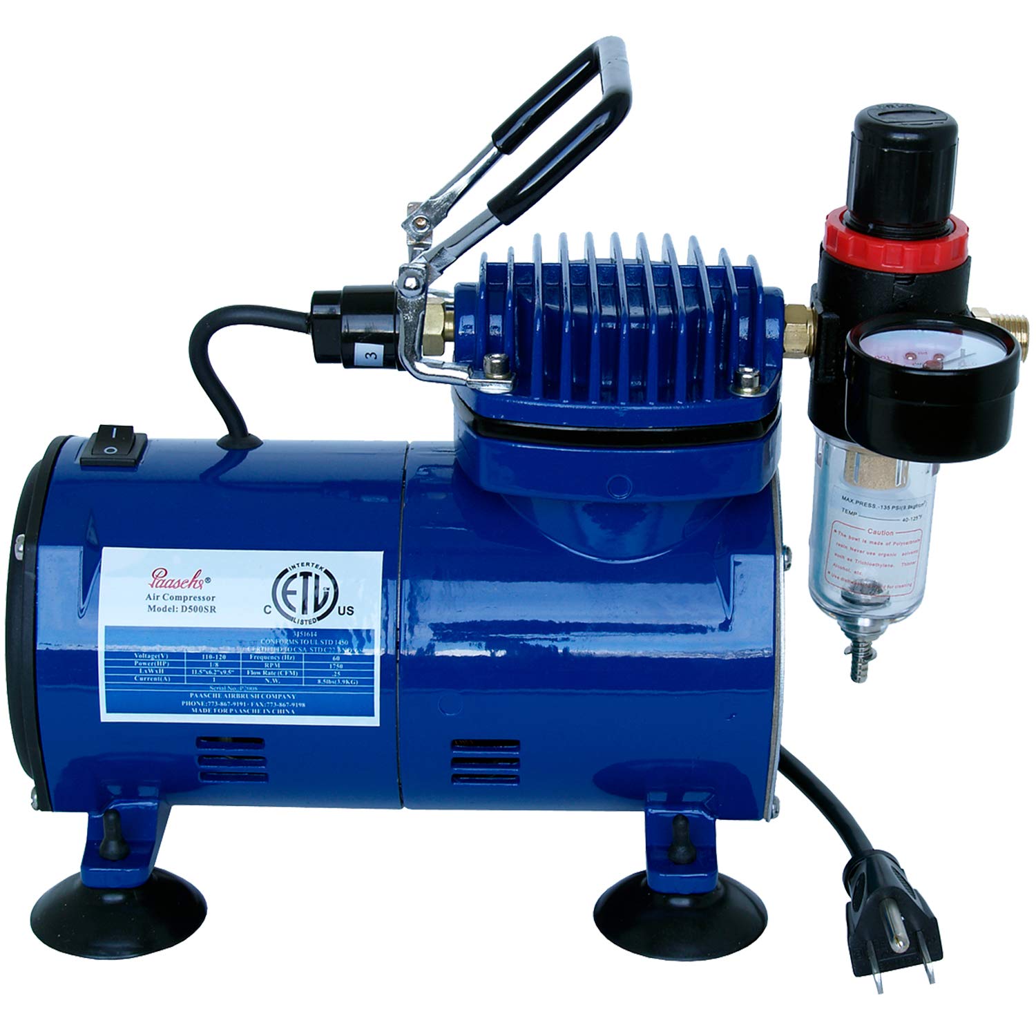 Paasche D500SR 1/5 HP Airbrush Compressor with Auto Shutoff, Regulator & Moisture Trap - Blue | Professional Airbrushing for Artists, Hobbyists & DIY Projects | Perfect for Cake Decorating, Model Painting & Tattoo Practice