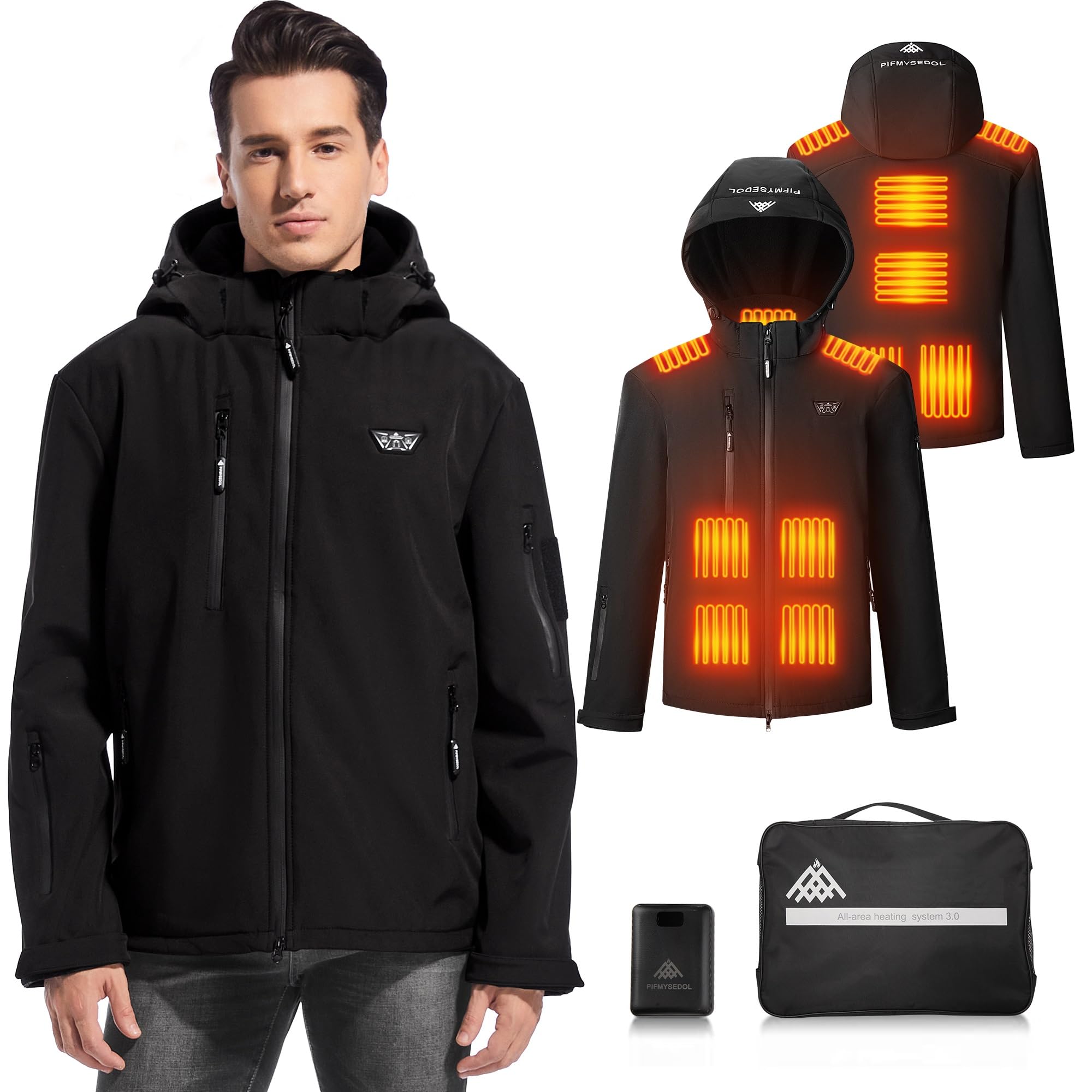 PIFMYSEDOL Men's Heated Jacket with Rechargeable Battery Pack - Winter Heated Vest for Outdoor Sports & Cold Weather - Black Electric Warming Coat - Perfect Gift for Men - Ideal for Skiing, Hiking, and Winter Commuting
