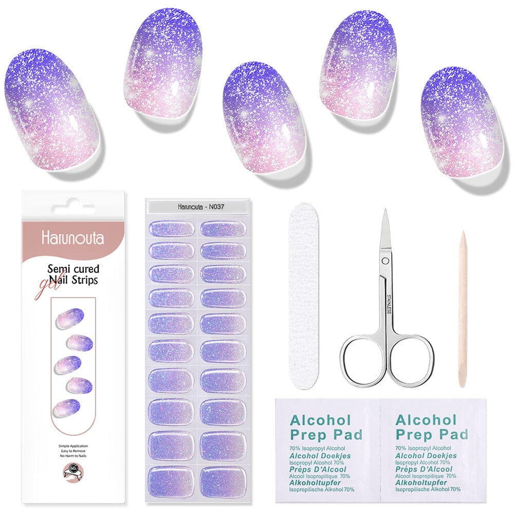 20 Tips Purple Shimmer Semi Cured Gel Nail Strips - Long Lasting DIY Nail Art Kit for Home & Salon Manicure | Perfect for Parties, Weddings & Special Occasions