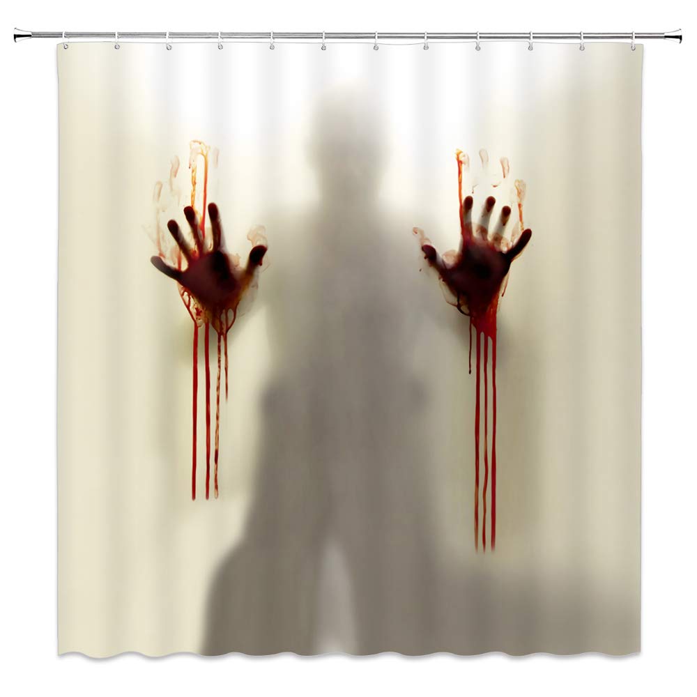 Scary Halloween Shower Curtain with Bloody Handprint & Silhouette - 35 x 70 Inch Polyester Bathroom Decor Set with Hooks - Perfect for Spooky Home, Haunted House, and Halloween Party Decorations